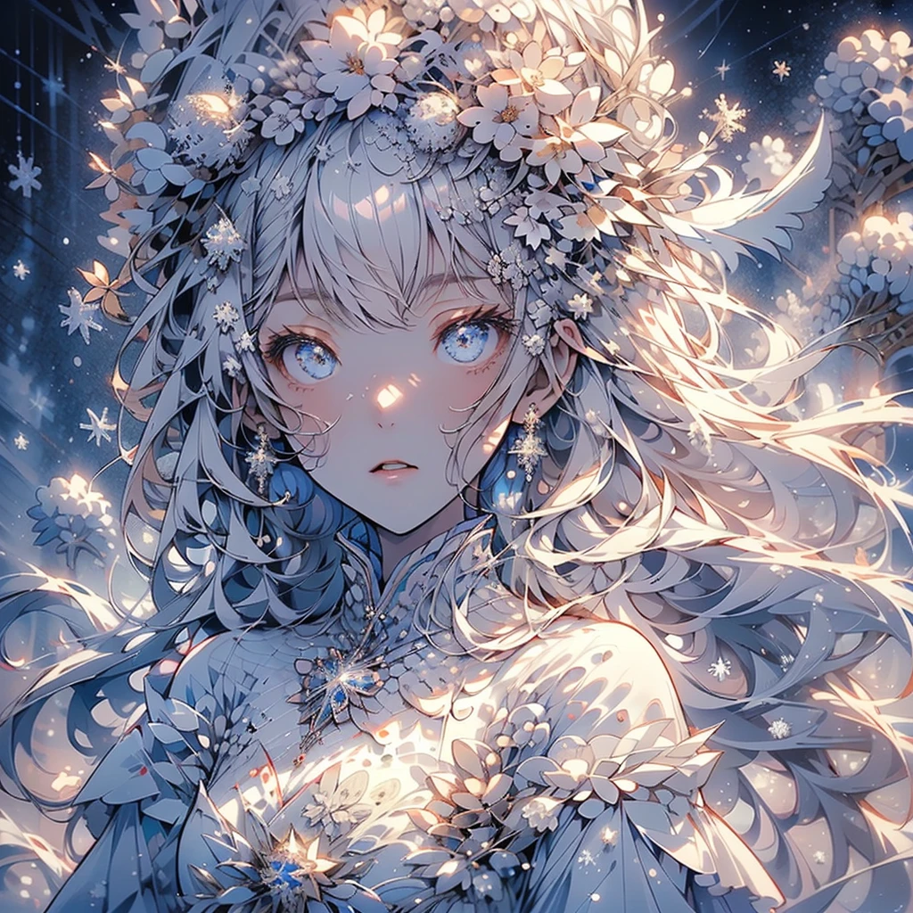 1girl,Handsome face、((( perfect anatomy、Slender figure、The best composition、Best Quality、 masterpiece、 best detail 、Super detailed、 high definition)))、Snow Fairy、 snowflake fractal art、Milky white hair color、The background is a simple snowflake 、Meteor Shower、Mysterious、 absurd、 fantasy world 、