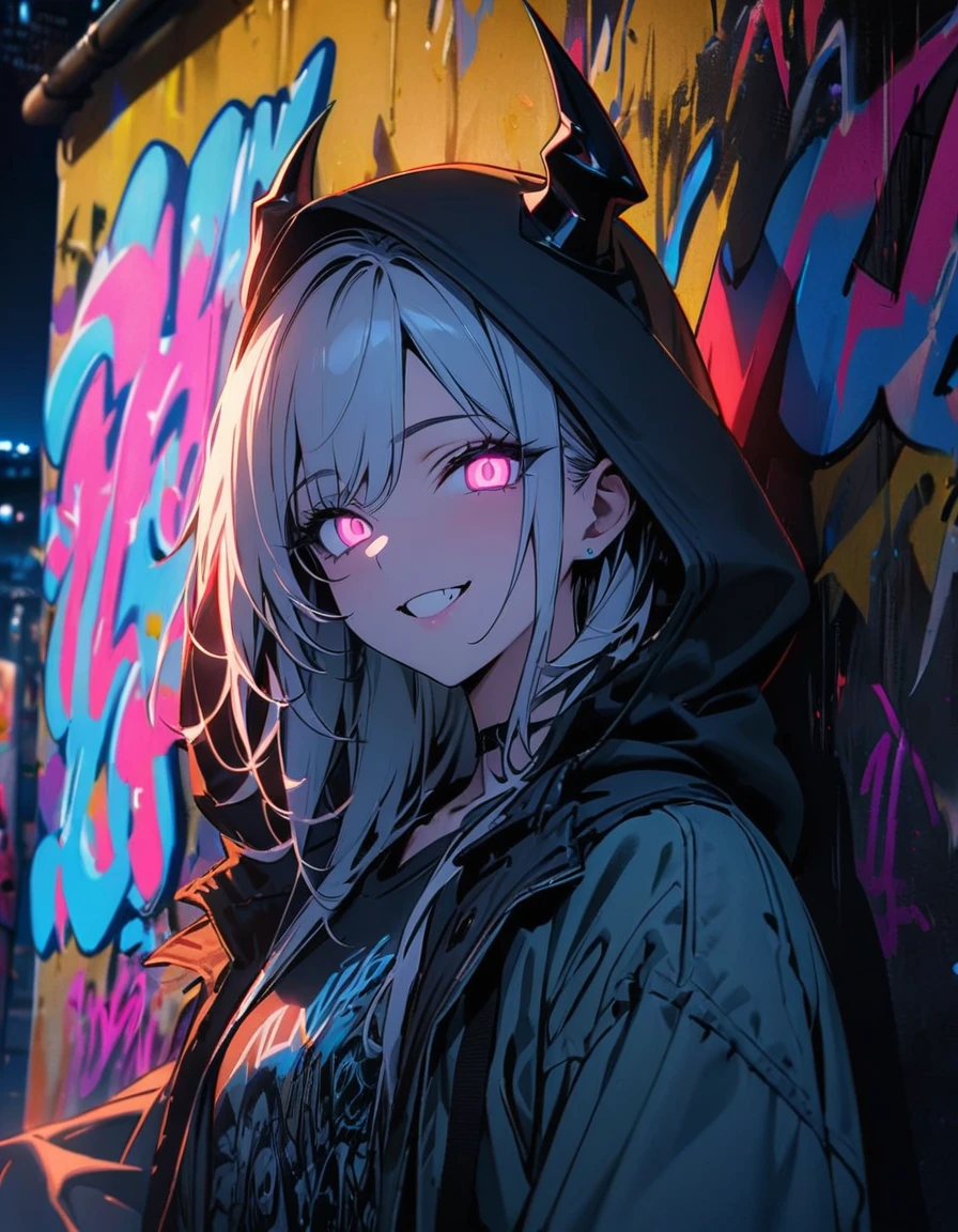 masterpiece, Best Quality, 8k, detailed background , masterpiece, Best Quality, smile,  t I ,  hoodie, Portraiture, Neon Blue, graffiti, dark, night, Shining Eyes,  Black Light,Demon Lord Luminous 