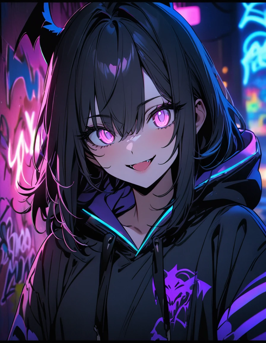 masterpiece, Best Quality, 8k, detailed background , masterpiece, Best Quality, smile,  t I ,  hoodie, Portraiture, Neon Blue, graffiti, dark, night, Shining Eyes,  Black Light,Demon Lord Luminous 