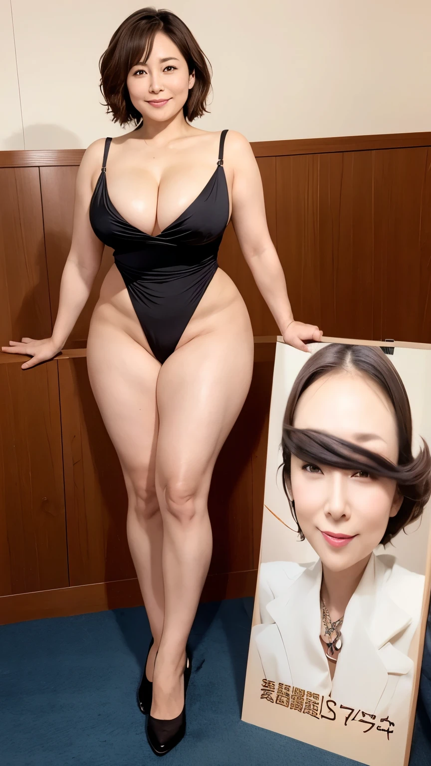 １Mature women、Very big ass、Japanese、Short Bob Hair、High resolution、Highest quality、Thighs、Sexy smile、Looking this way、Glowing Skin、40s、round face、highest masterpiece、Front view image、masterpiece、Very deep cleavage、Large saggy breasts、Big Breasts、Big 、Super Breasts、Long Breasts、whole body、Knee socks、metallic、Plump、Protruding breasts、 clavicle 、microbikini、High leg、slingshot、Arms behind head