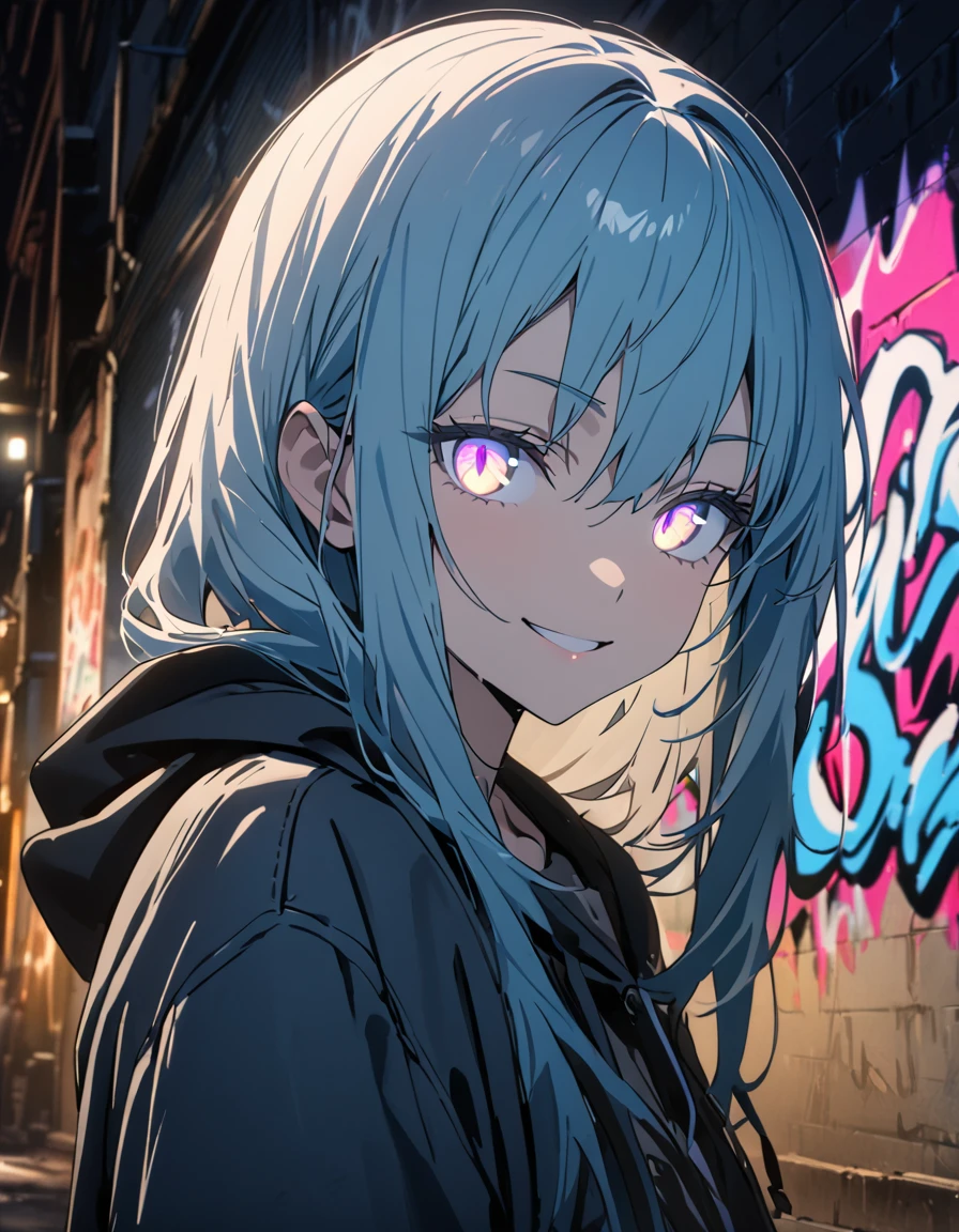 masterpiece, Best Quality, 8k, detailed background , masterpiece, Best Quality, smile,  t I ,  hoodie, Portraiture, Neon Blue, graffiti, dark, night, Shining Eyes,  Black Light,Rimuru Tempest