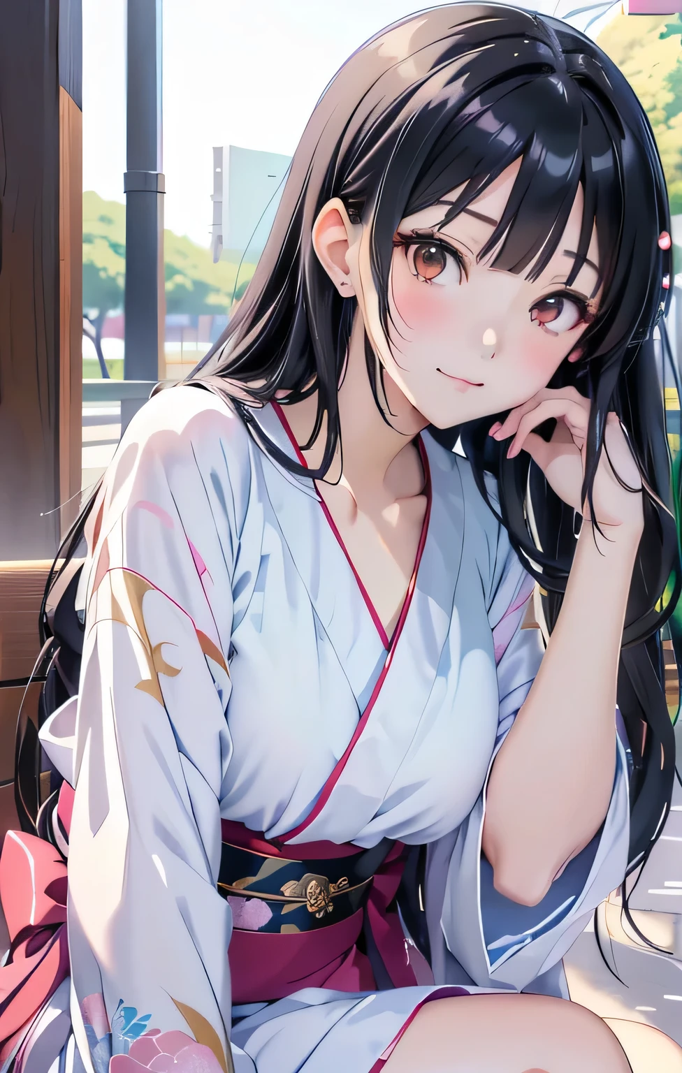  anime girl with long black hair sitting on a bench wearing a white kimono, Charming anime girl, beautiful anime girl,  Attractive Anime Girl  ,  Cute Anime Girl ,  Beautiful Anime Women ,  Beautiful anime portrait ,  Beautiful attractive anime woman , Beautiful and seductive anime girl,  Smooth Animation CG Art ,  Cute Anime Girl , Anime style 4K, Beautiful anime high school girl ,  young anime girl 