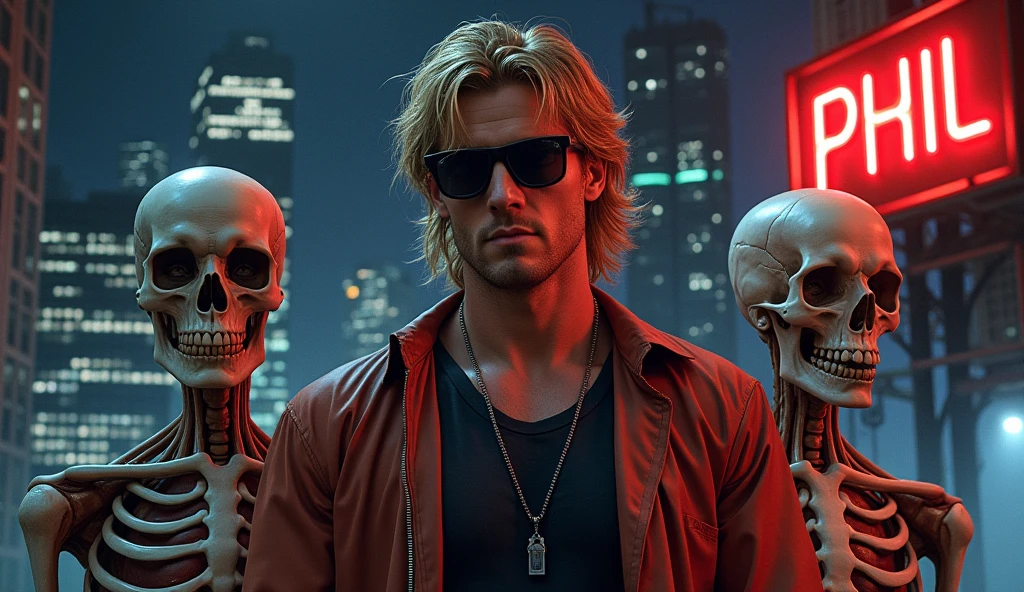 streets of rage 1 opening theme, Adam Hunter (black muscular man with spiky hair) at left, Axel Stone (handsome muscular man with light blonde hair) at center and Blaze Fielding (beautiful white girl in red leather clothing and short skirt) at right, in photorealistic style.