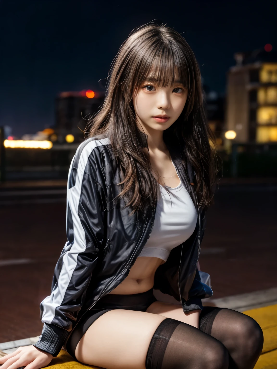 (((Night view)))、(sit on bet) ,(((Front open trackjacket)))、(black color stockings),long hair and bangs,High resolution、RAW Photosgraphy、Highest quality、masterpiece,(White skin),Highest quality、High resolution,RAW Photos,One person、Japanese women,(Realistic:1.4)、Photon Mapping、Realistic、Beautiful woman、Physics-based only dulling、Depth of field rally background
