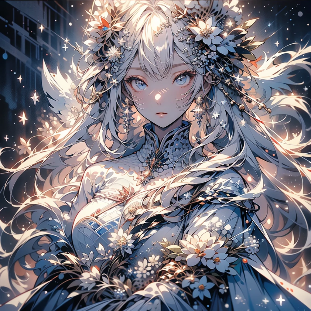 1girl,Handsome face、((( perfect anatomy、 official art、unity, very detailed CG,HHD,32K,Slender figure、The best composition、Best Quality、 masterpiece、 best detail 、Super detailed、 high definition)))、Snow Fairy、 snowflake fractal art、Milky white hair color、The background is a simple snowflake 、Meteor Shower、Mysterious、 absurd、 fantasy world 、