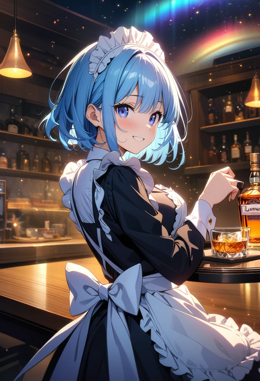 (wallpaper 8k CG), (masterpiece:1.4), (best quality), anime style, drawn, (maid), ((blue maid costume)), (((pale blue hair))), (blue eyes)(smile), (whisky, on a tray)), ((food, on the table)), ((Inside a Western restaurant)), (insanely detailed), (gold light effects:1.5), (looking at viewer:1.2), (rainbow aurora night sky,effects:1.3), (luminous particles:1.5),