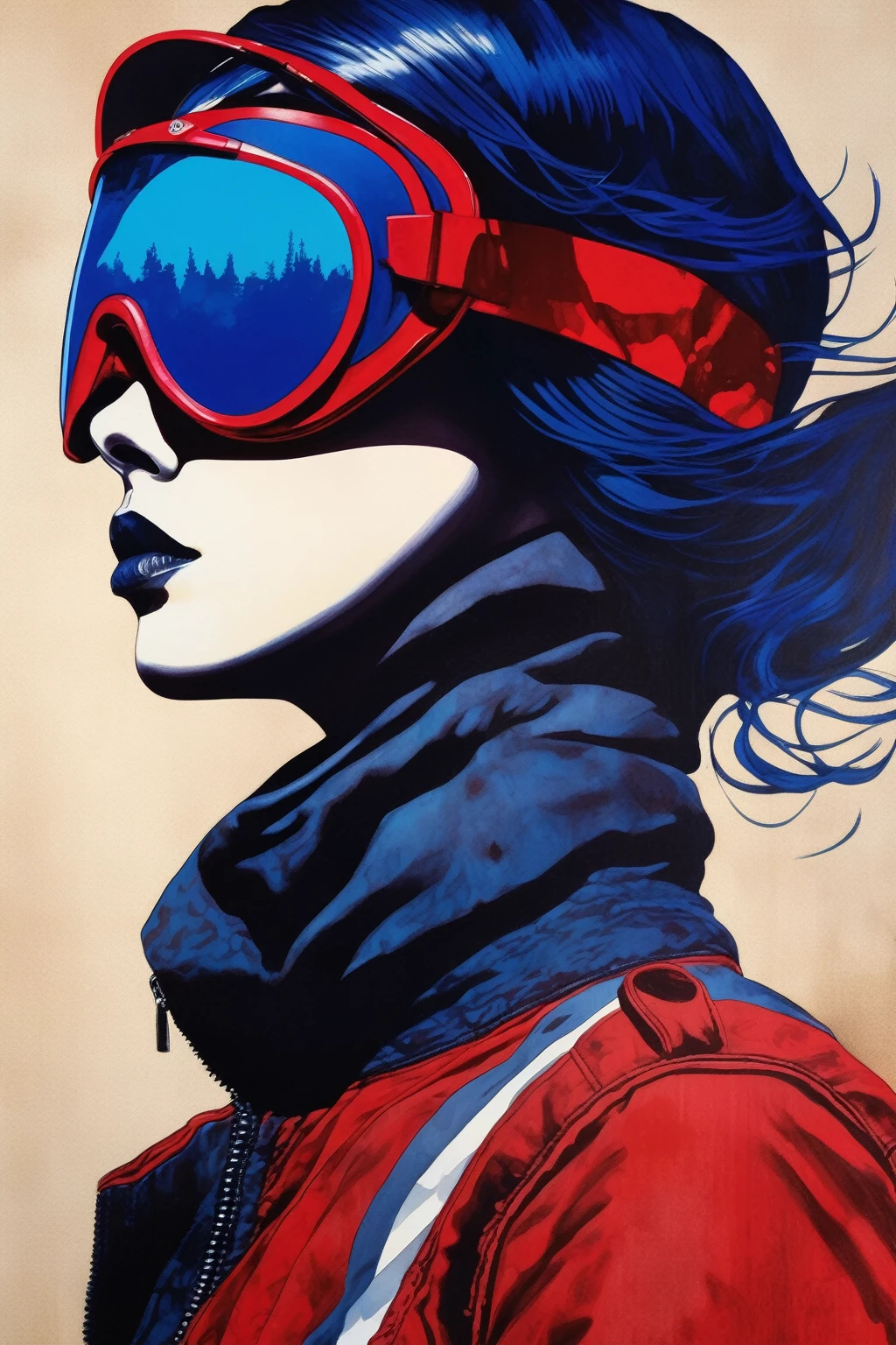 chiaroscuro technique illustration of a silhouette with blue indigo colours, vintage , eerie, matte painting, by Hannah Dale, by Harumi Hironaka,motocross goggles red colorsriding a beta bike motocross fierce look
