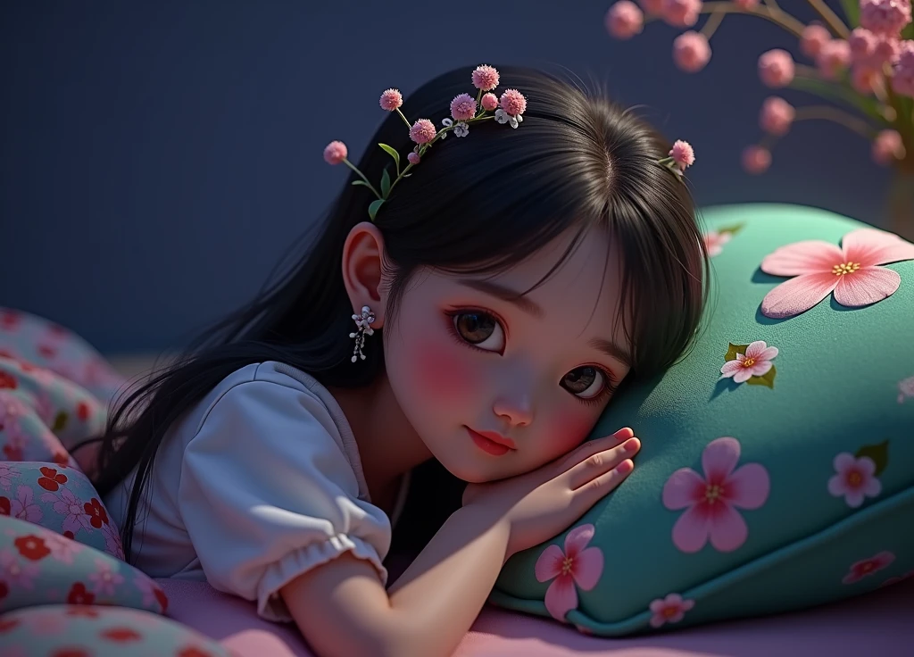 a sleeping girl on a floral green pillow, beautiful detailed eyes, beautiful detailed lips, extremely detailed eyes and face, long eyelashes, peaceful expression, soft lighting, pastel colors, cinematic, intricate details, (best quality,4k,8k,highres,masterpiece:1.2),ultra-detailed,(realistic,photorealistic,photo-realistic:1.37), natural lighting, serene atmosphere, delicate flora, dreaming, tranquil