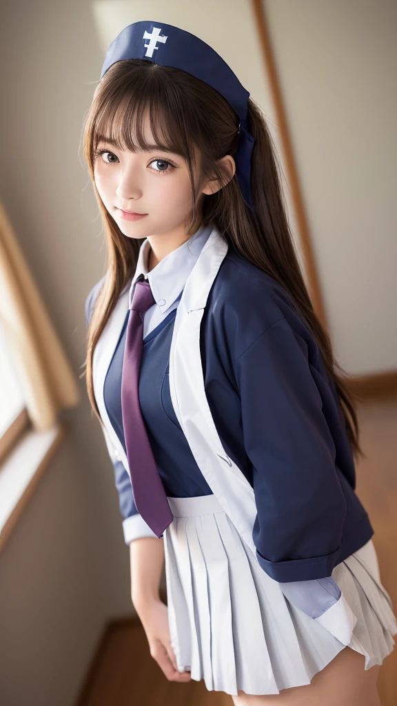 minami kotori, 1girl, solo, masterpiece, 1girl, best qualiti, ultra detail, (shiny), school uniform, ((bedroom)), indoors, bed, :p, blush, ray tracing,perfect lighting, (shiny skin:1.2),reflection, long_hair, looking_at_viewer, blush, skirt, ribbon, twintails, yellow_eyes, pantyhose, bag, black_pantyhose, low_twintails, light_brown_hair, halo, nipples, nsfw,