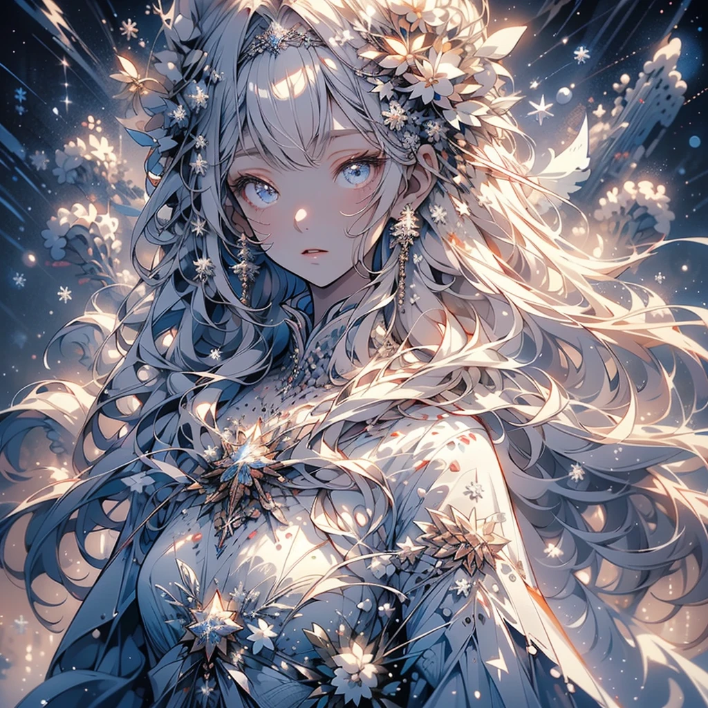 1girl,Handsome face、((( perfect anatomy、 official art、unity, very detailed CG,HHD,32K,Slender figure、The best composition、Best Quality、 masterpiece、 best detail 、Super detailed、 high definition)))、( highly detailed eyes that can be seen underfoot、Beautiful Sparkling Eyes )、Snow Fairy、 Fractal Snowflake Art、Milky white hair color、The background is a simple snowflake 、Meteor Shower、Mysterious、 absurd、 fantasy world 、