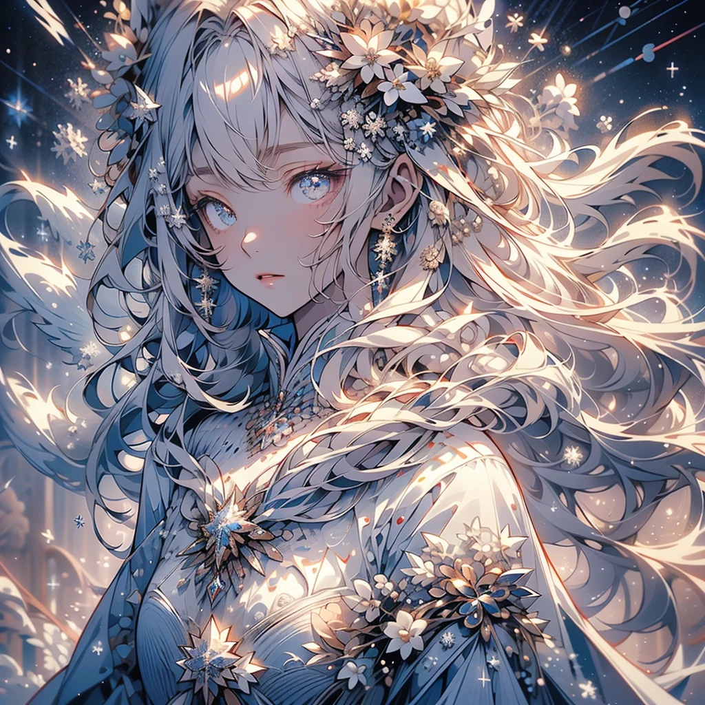 1girl,Handsome face、((( perfect anatomy、 official art、unity, very detailed CG,HHD,32K,Slender figure、The best composition、Best Quality、 masterpiece、 best detail 、Super detailed、 high definition)))、( highly detailed eyes that can be seen underfoot、Beautiful Sparkling Eyes )、Snow Fairy、 Fractal Snowflake Art、Milky white hair color、The background is a simple snowflake 、Meteor Shower、Mysterious、 absurd、 fantasy world 、