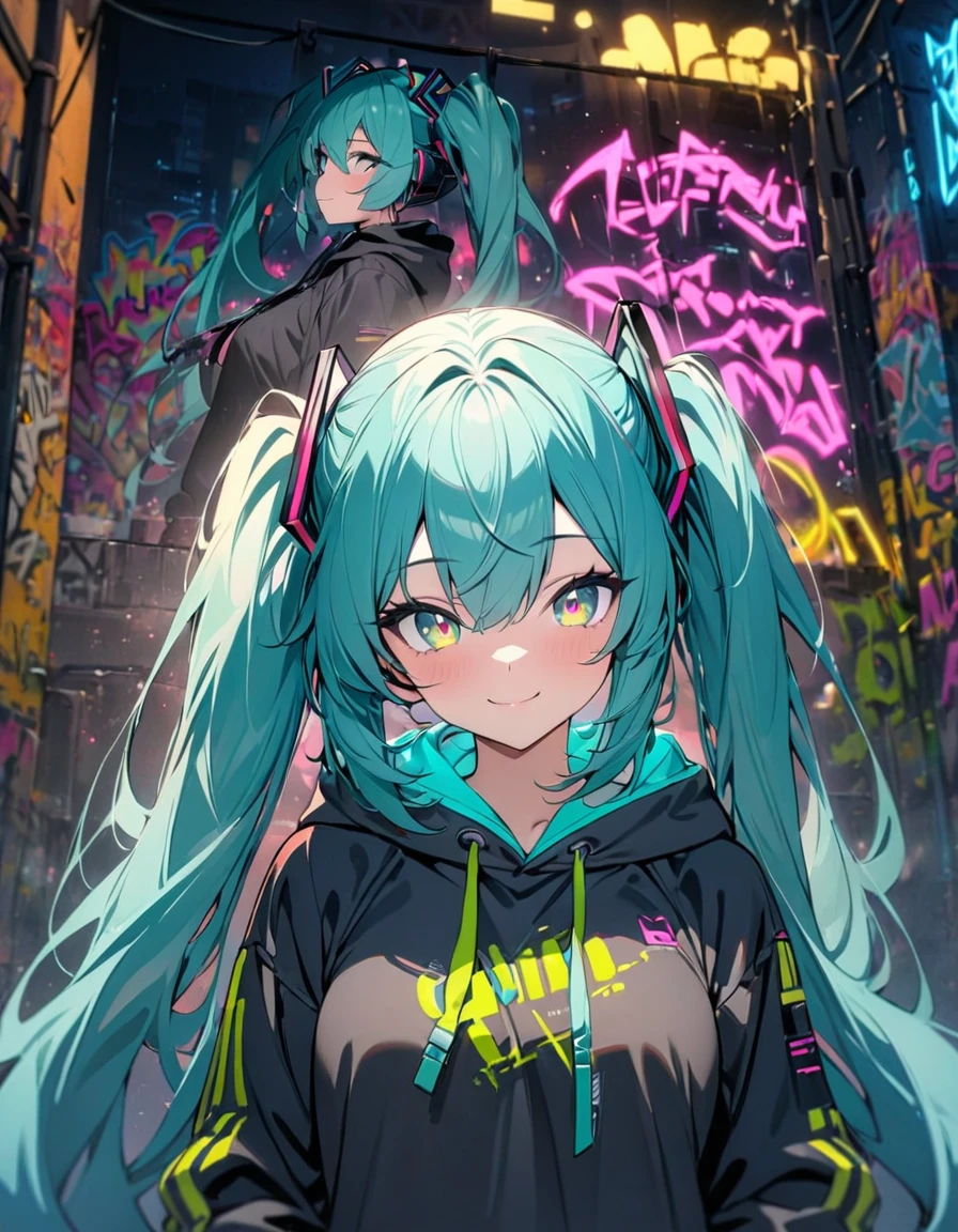 masterpiece, Best Quality, 8k, detailed background , masterpiece, Best Quality, smile,  t I ,  hoodie, Portraiture, Neon Green, graffiti, dark, night, Shining Eyes,  Black Light, Hatsune Miku