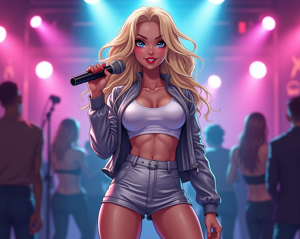 ((A very cute girl is being sing a song holding a microphone, and wearing a white silk extreme micro string, a loincloth of white silk string, surrounded by sexually aroused crowds at very crowded Manhattan Times Square)), ((wearing a white silk plunging open shirt: 1.5)), (((gigantic breasts :1.4))), 8k, RAW photo, ((full body shot)), (highly detailed skin:1.2), (exposed:1.5), (exposed breasts:1.5), (exposed back:1.5), (exposed shoulders:1.1), (exposed crotch:1.5), photography, masterpiece, best quality, dark grey background, (a beautiful blue skin girl with beautiful blue eyes, gorgeous light blonde curly hair, blue skin, Huge soft breasts and beautiful abs, two nipple, two areola, black pubic hair), various pose, Ultra-detailed face, Detailed eyes, ((no close up)), ((she wearing a vibrator in her crotch and ass)), ((She is wet)), (She’s exciting and squatting).