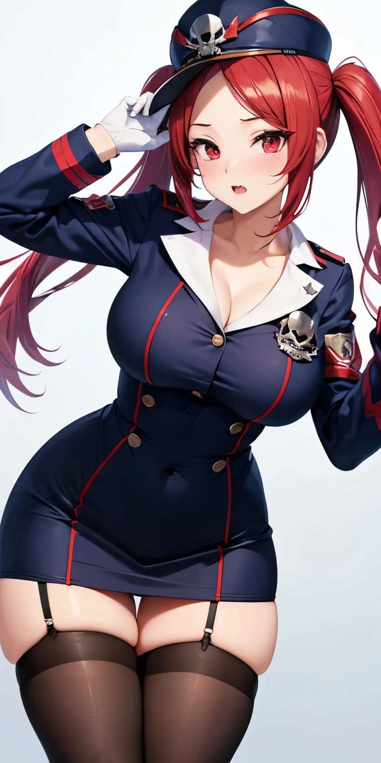 1 Female,High definition,high resolution,Ultra-realistic,8K, 1girl, solo, red hair, red eyes, twintails, employee uniform, pencil skirt, skull print, navy cap, fang, black legwear, white gloves, large breasts,European,sexy,Upper body close-up,Photographed from the front,Dynamic Angles,(blush), (medium tits) , multicolored hair 