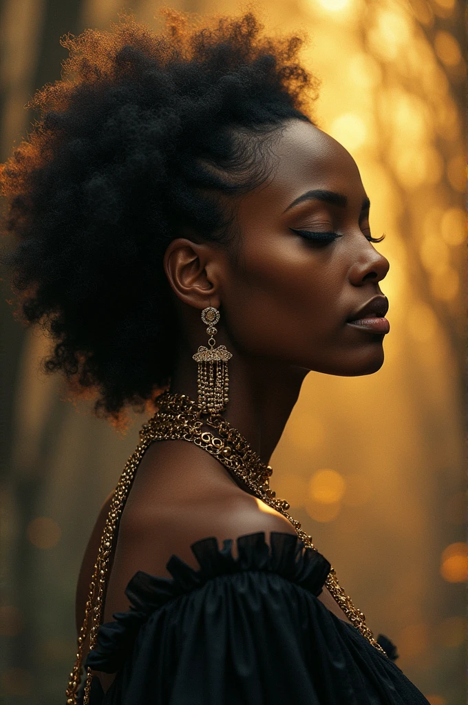 (8k, RAW photo, highest quality), beautiful (black skin woman)++, close up, dress, (detailed eyes:0.8), (looking at the camera:1.4), (highest quality), (best shadow), , intricate details, interior, dark studio, muted colors,