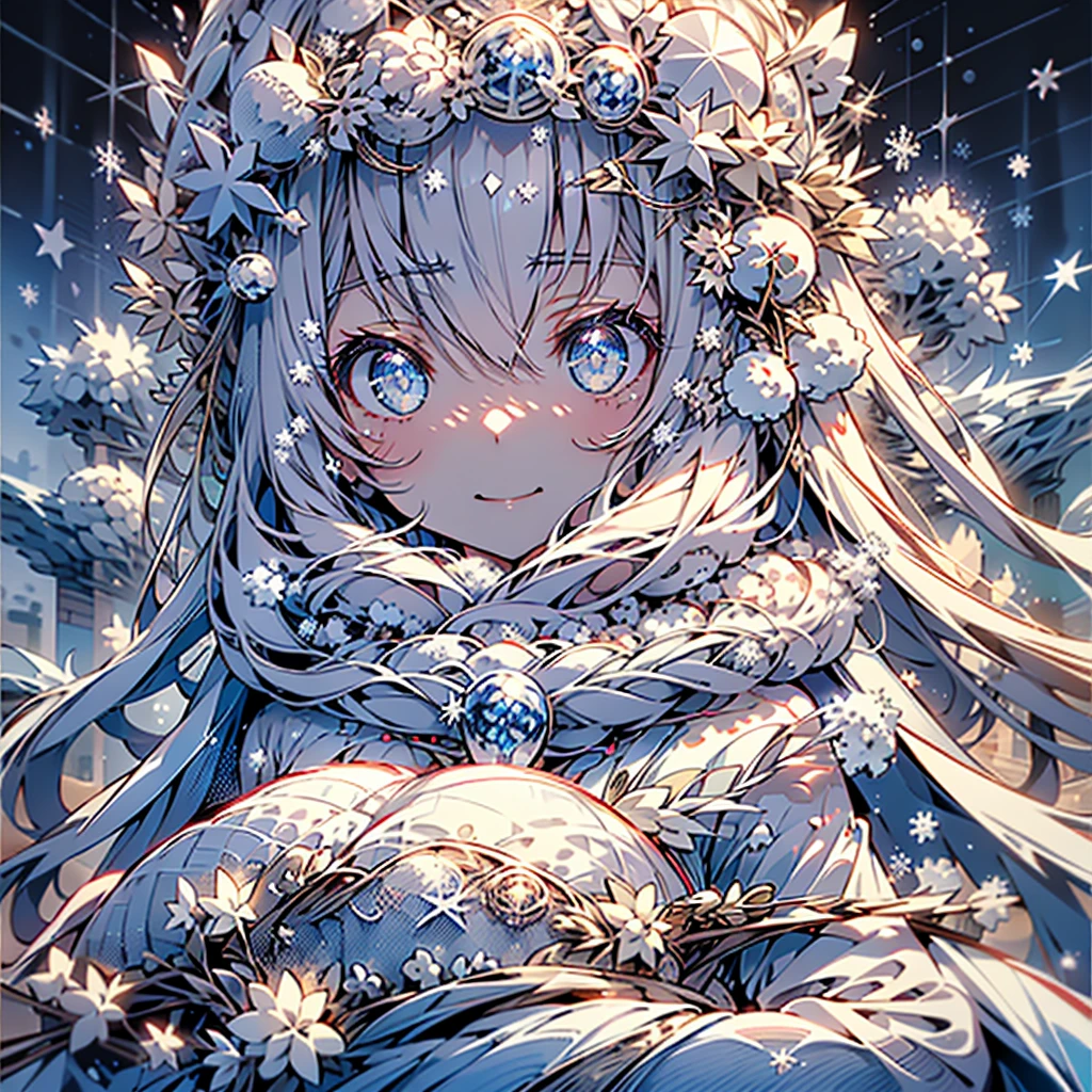 1girl,Handsome face、((( perfect anatomy、 official art、unity, very detailed CG,HHD,32K,Slender figure、The best composition、Best Quality、 masterpiece、 best detail 、Super detailed、 high definition)))、( highly detailed eyes that can be seen underfoot、Beautiful Sparkling Eyes )、Snow Fairy、 snowflake fractal art、Milky white hair color、The background is a simple snowflake 、Meteor Shower、Mysterious、 absurd、 fantasy world 、Little  riding a snowman ride、cute、