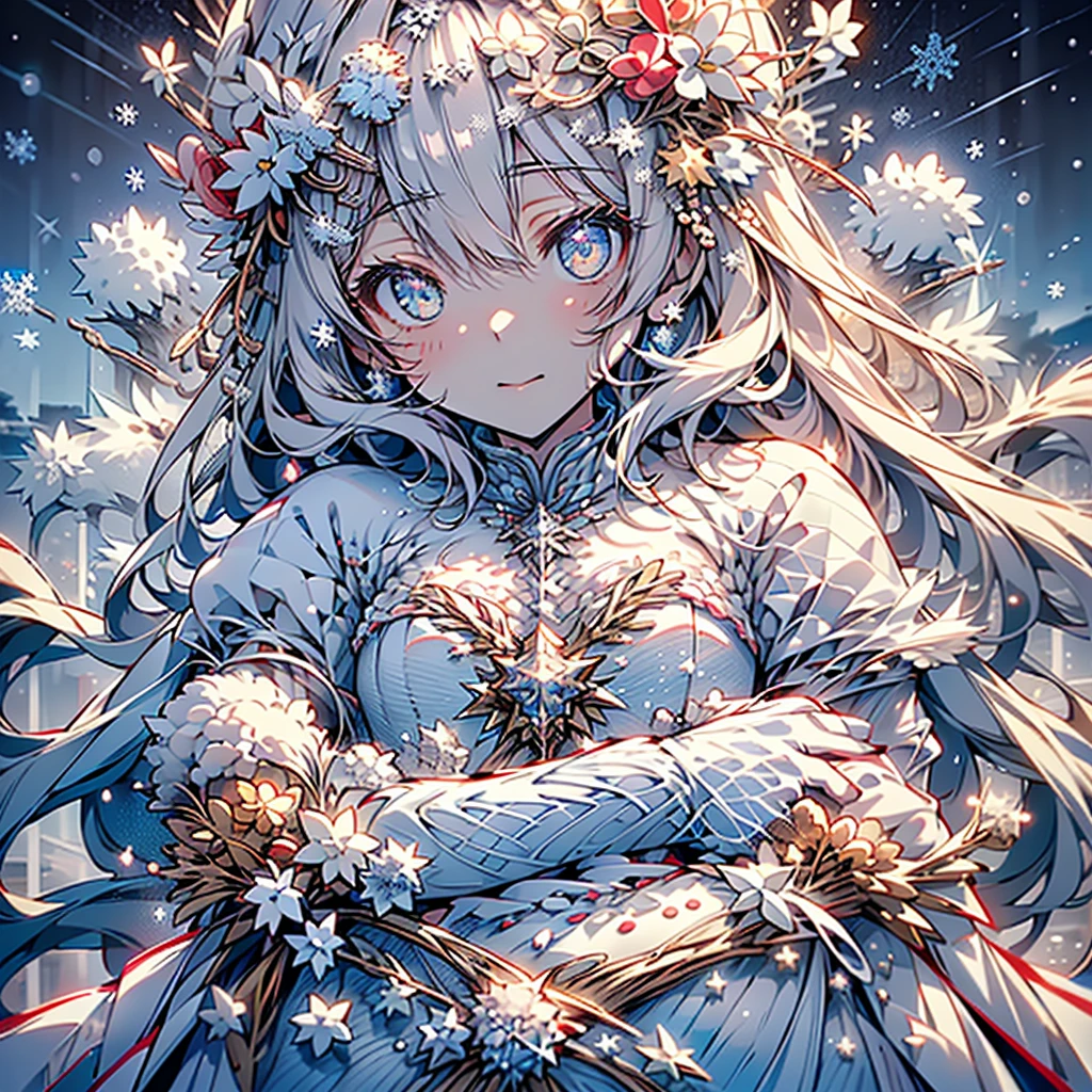 1girl,Handsome face、((( perfect anatomy、 official art、unity, very detailed CG,HHD,32K,Slender figure、The best composition、Best Quality、 masterpiece、 best detail 、Super detailed、 high definition)))、( highly detailed eyes that can be seen underfoot、Beautiful Sparkling Eyes )、Snow Fairy、 snowflake fractal art、Milky white hair color、The background is a simple snowflake 、Meteor Shower、Mysterious、 absurd、 fantasy world 、Little  riding a snowman ride、cute、