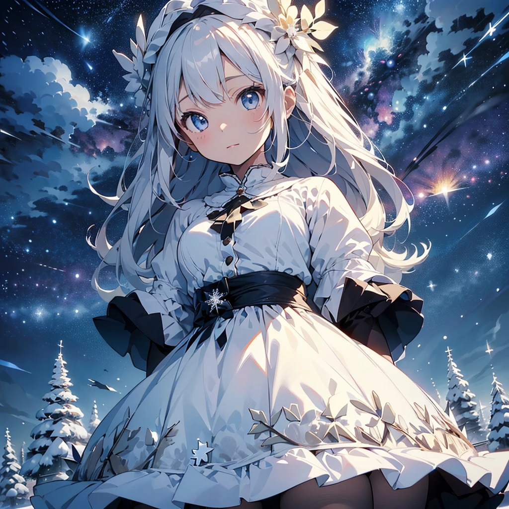 1girl,Handsome face、((( perfect anatomy、 official art、unity, very detailed CG,HHD,32K,Slender figure、The best composition、Best Quality、 masterpiece、 best detail 、Super detailed、 high definition)))、( highly detailed eyes that can be seen underfoot、Beautiful Sparkling Eyes )、Snow Fairy、 snowflake fractal art、Milky white hair color、The background is a simple snowflake 、Meteor Shower、Mysterious、 absurd、 fantasy world 、Little  riding a snowman ride、cute、