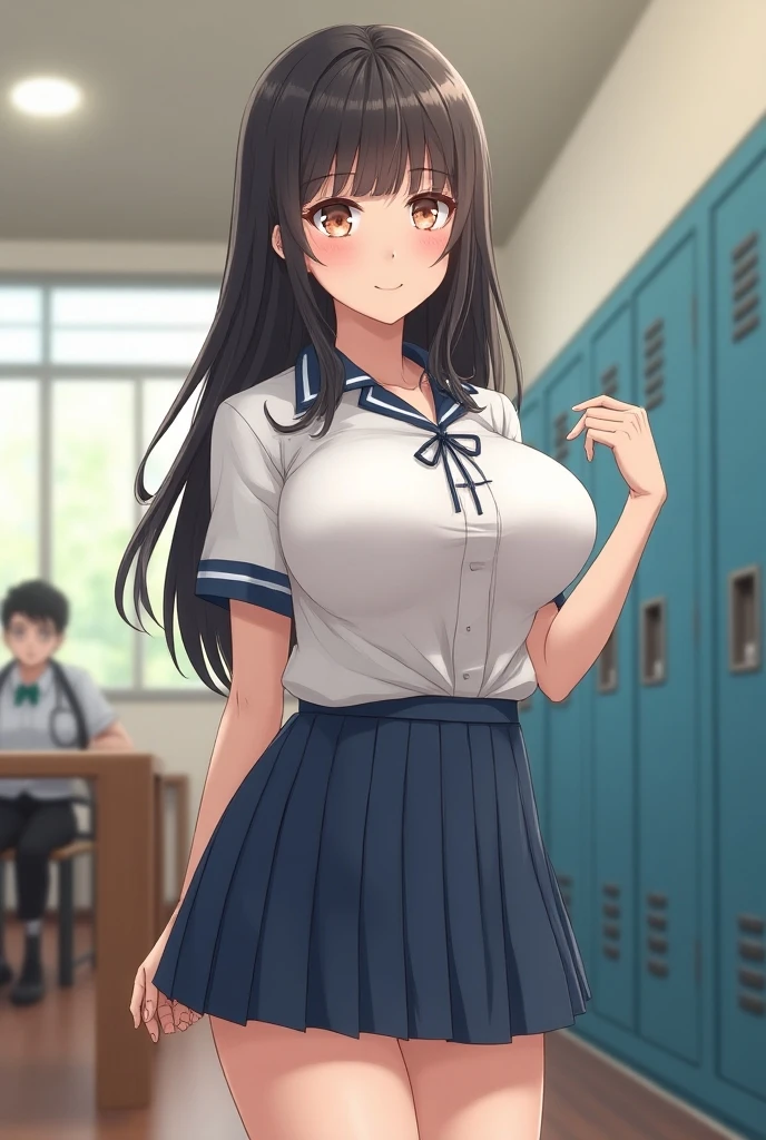 RanMoriDCXL, ran mori, detective conan, blue eyes, dark brown hair, blush, long hair, 1 pointed hair, bangs, ((thigh high socks:1.0)), medium breasts, slender body, ((tall body:1.2)), ((long legs:1.0)), red face, ((hesitant)), shy, ((eyes looking down:1.5)), wrinkle lips, short sleeve white button shirt, blue pleated short skirt, white stockings, black shoes, solo, standing, indoors, facing viewers, front view, full body front view, straight front no angle, zoom out, ((both hands on chest:1.5)), standing straight, ((unbuttoning shirt:1.3)), ((exposed collarbone:1.2))