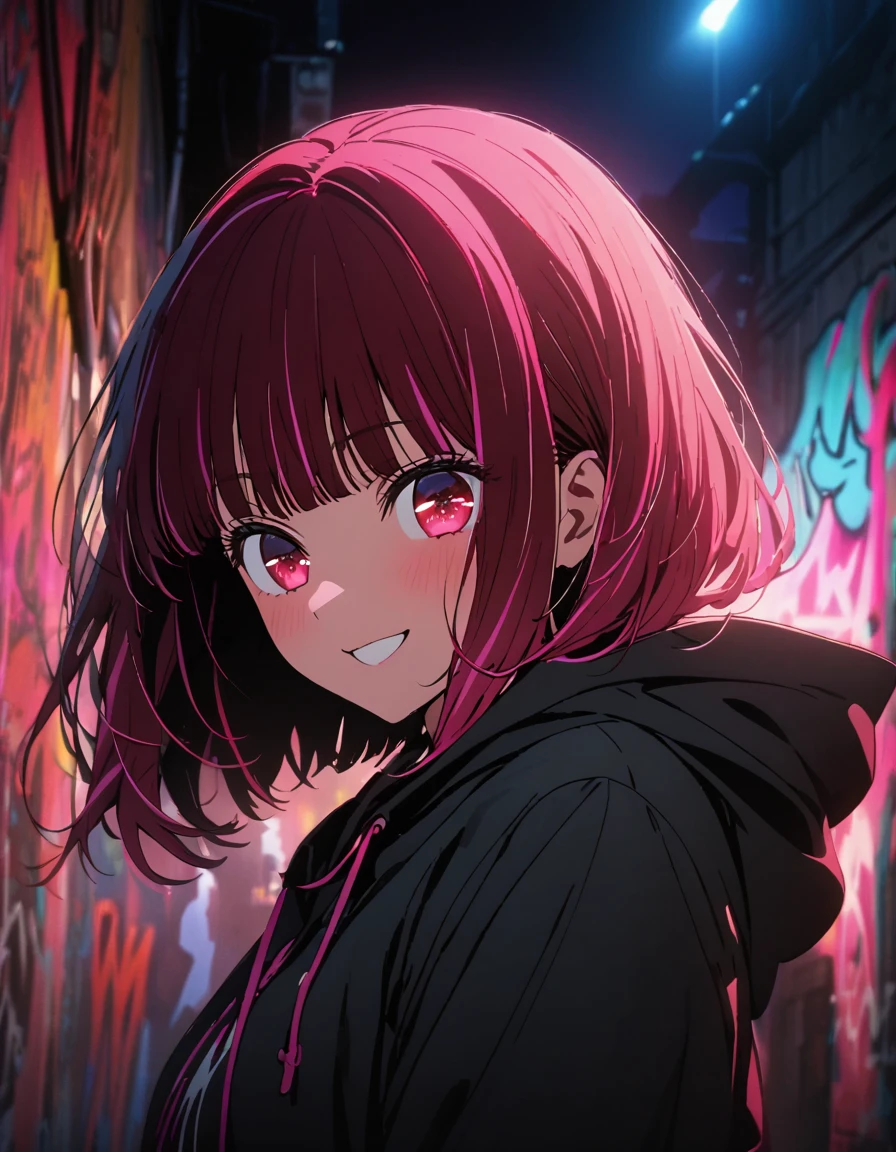 masterpiece, Best Quality, 8k, detailed background , masterpiece, Best Quality, smile,  t I ,  hoodie, Portraiture, Neon Red, graffiti, dark, night, Shining Eyes,  black light ,Arima Kana