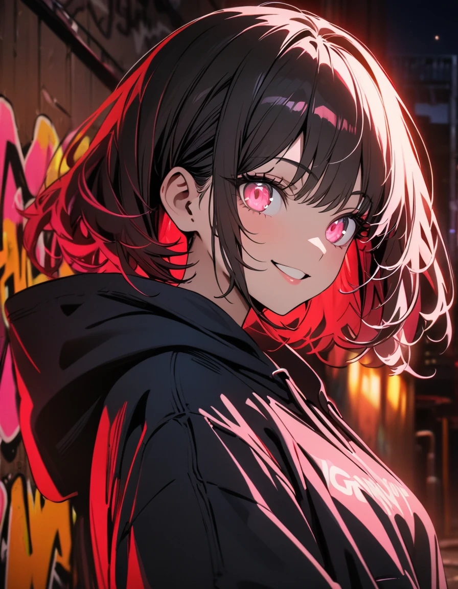 masterpiece, Best Quality, 8k, detailed background , masterpiece, Best Quality, smile,  t I ,  hoodie, Portraiture, Neon Red, graffiti, dark, night, Shining Eyes,  black light ,Arima Kana