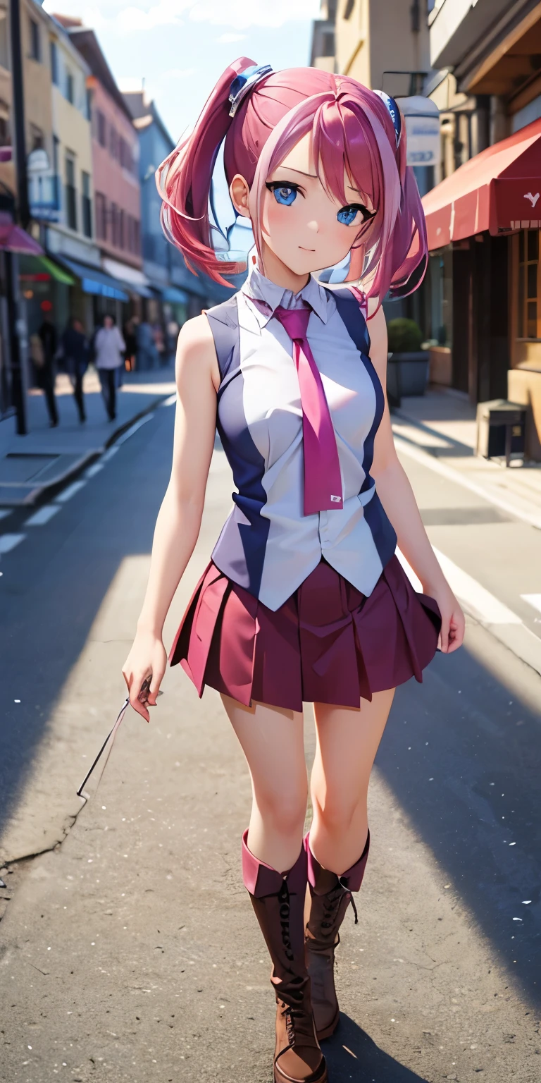 1 Female,High definition,high resolution,Ultra-realistic,8K, hy1, hair ornament, multicolored hair, blue eyes,necktie,pink skirt,tight skirt, miniskirt ,sleeveless, jewelry ,brown boots,European,sexy,Upper body close-up,Photographed from the front,Dynamic Angles,blush, small tits ,(full body), Multicolored hair 