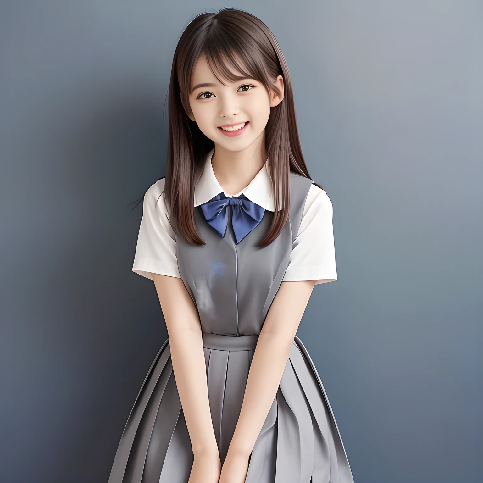 (Highest quality, masterpiece:1.2), Highest quality, High resolution, 1080P, 8k, height: 158cm, (A yo Japanese beautiful fashion model is seated, showing her palms, looking at the viewer, showing her cutest smile, very white face, using face-whitening cosmetics, prominent cool eyes, opened laughing giggling most open mouth, gray-gray-blue school summer uniform with gray-gray-blue vest and widely-boxed-pleats-short-skirt and silk blouse and red breast ribbon pulled by her hands, well-straitened super-super-long well-trimmed long hair: 1.5), (white thighs and knees: 1.7), (Well-balanced, prominent, lovely, drooping, double-eyelids, brown shiny large prominent eyes with detailed: 1.5), (gray-gray-blue school uniform with gray-gray-blue vest and boxed-pleats-skirt, short-sleeves silk blouse, glossy red breast ribbon: 1.5), ((Beautiful well-figured glossy opened lips like fortissimo soprano singer: 1.2)), (mature breast), (Girl whom everyone loves because of her beauty and beautiful eyes and lovely fashion and noble manner), (Very beautiful, glossy, cute neat black hair, straight well-done hair-style: 1.3), (Drives me crazy for her glossy neat hair and Make me fall into love), (plain blue background: 1.6), (Best style like a 13 fashion model, mature breast), (((Completely balanced beautiful big big eyes, looking at me))), (eyes, face and hair are especially beautifully detailed and beautifully drawn: 1.5), (Satisfactory best shot by professional famous photographer for school girl's beauty: 1.5), (The soft white light clearly shows her face extremely white: 1.2), (Very soft laughing cheeks, very soft hands pulling the breast ribbon down, People who touch it feel eternal pleasure: 1.2), (Hatsukoi, natsuki, 13yo too much beautiful idol: 1.8)