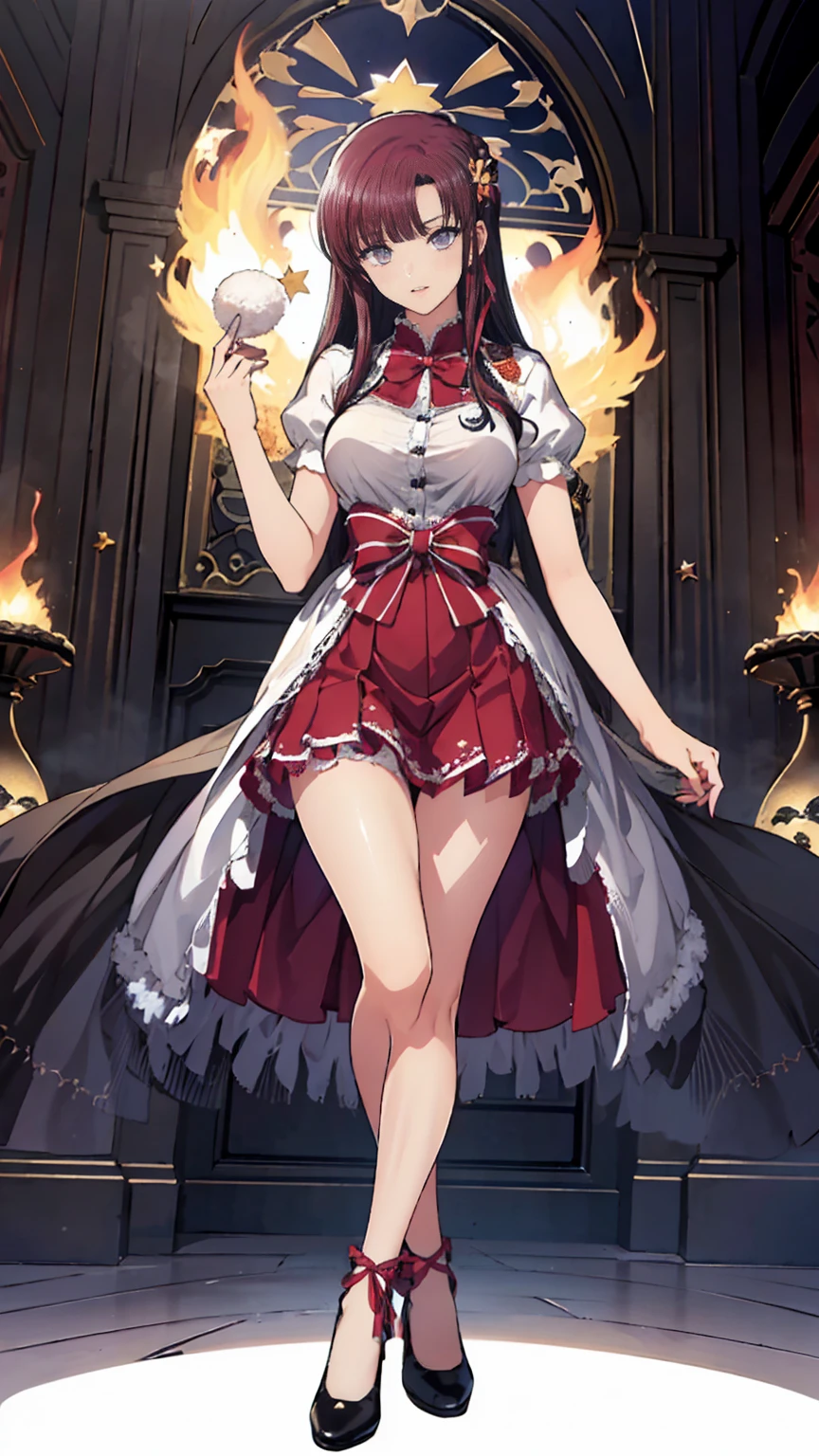 ( full body, legs and shoes visible: 1.2))  expressive eyes , woman, Pale skin, Long Hair,  hair fluttering like the wind, ((Long Hair)), long side lock , Princess Bangs, Hair bangs, Hair Bun, ((Long twin hair)),  Flaming Hair, Red Hair,  blanking in books, full face  blanking in books, Big Sparkling Red Eyes , ( gradient eyes),  open your mouth and smile, cute pose, Flowing, fiery dress, (( Crimson Multicolor Open Dress )), (mist), Orange Frills, Yellow Frill, ( Light Red Lace ), Removable short sleeves,  Fluffy skirts , ((Fire and Star Print Skirt : 1.3)), ****There is a skirt。, Dark red bow, ((Pompom ribbon hair accessory : 1.4)), Multiple Bows,  Striped Lace Stockings , (Heart-shaped leg garters), cute (Deep Orange) shoes (( Highly Detailed Clothing and Fashion ))  is watching you, ,  blanking in books, (  BEAUTIFUL WITH DETAIL BEAUTIFUL EYES  ), ( Extremely High Definition CG Unity 8K Wallpaper) ( best shadow ), (( very delicate and beautiful)), (Detailed light), (( faces with a depth of writing )) Big Head, Big, bright eyes, Moe,  Splash Art ,  Movie Lighting, Front View,  Volumetric Lighting Extremist Photo Illustration with 64k Resolution Complex and Detailed Key Visuals Accurate Linear ((With a dark palace in the background, surrounded by expensive decorations,  shooting stars )) ((Ultra detailed views ,  Foggy ,  Darkness : 1.3))
