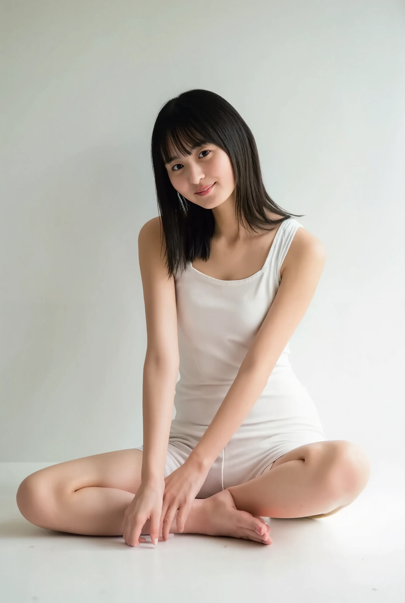 Full body shot from the front、Wear off-the-shoulder mini one-piece pajamas, bend your knees, spread your legs, take a cross-legged pose, and sit while looking at me, Slender bare legs 、smile、The background is a monotone 

