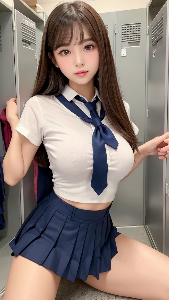 ulzzang -6500-v1.1, (Raw foto:1.2), (Photorealsitic:1.6), a beautiful detailed girl, extremely detailed eye and face, Beautiful and big eyes, of the highest quality, [​masterpiece:1.6], [JK school uniform], finely detail, (1girl in、、Cute Japan high school girl、perfect body type:1.6)、[Unbutton all the white school blouses、Japan schoolgirl uniform]、[huge-breasted、heavy breasts、J-Cup:1.9]、Sweat all over the body、[a bed:1.5]、Raise both hands、School uniform ribbon around neck、(School uniform skirt、White school uniform with all the buttons open、Random Color Bra:1.4)、[Random Sexy Poses、twintails hairstyle、Twin-tailed、sexual excitement、Lustful look、no-makeup:1.9]、[Kamimei、Look at the camera、Dark tan、Twin-tailed、bedroom:1.9]