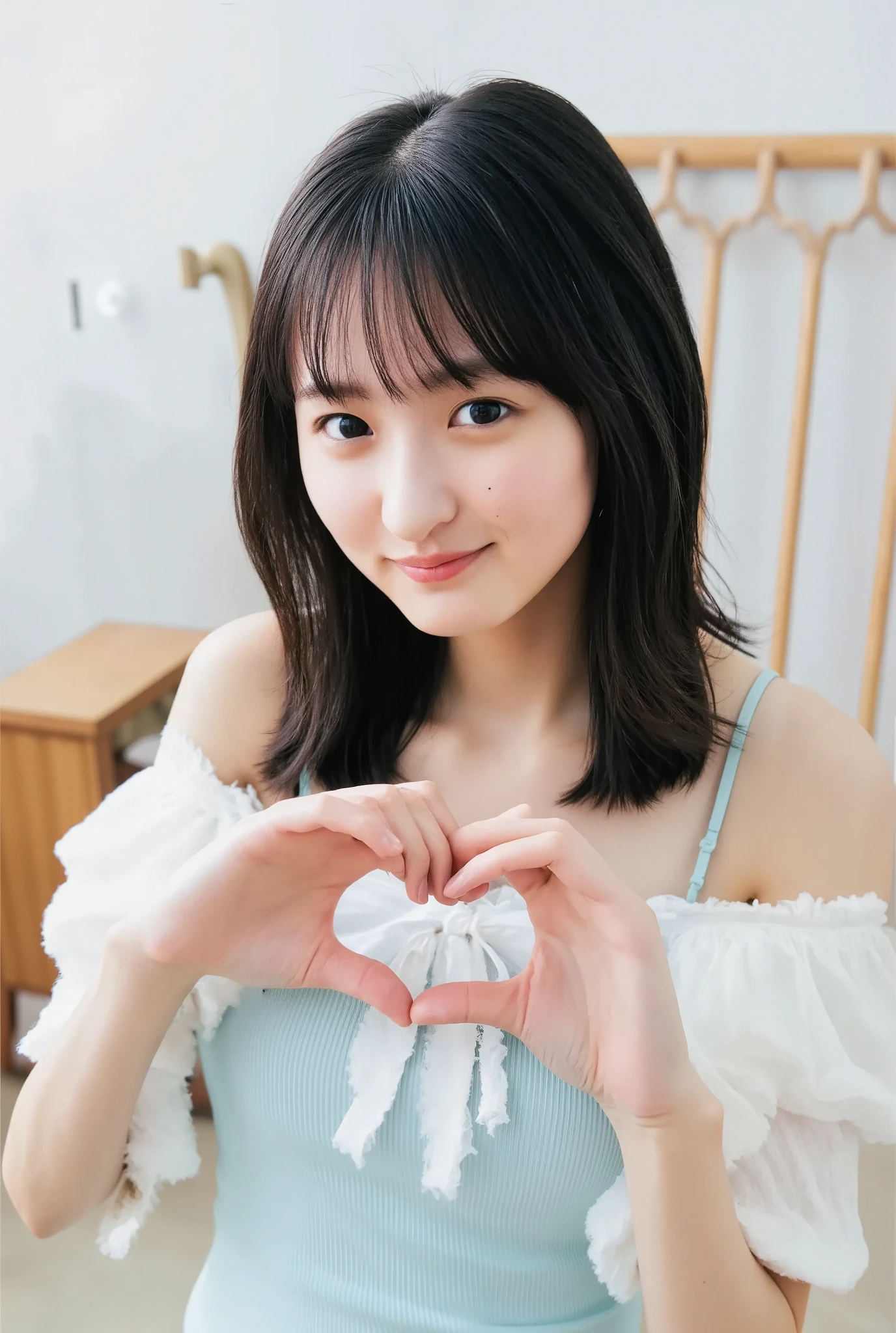 Only one woman with a cute smile wears cute, fluffy off-shoulder pajamas, makes a big heart shape with both hands, and poses them in front of her chest, View above collarbone、The background is a monotone 

