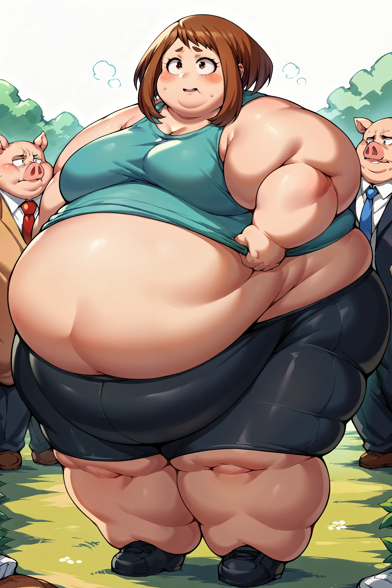 Girl becoming a pig, becoming a pig, fat, chubby, obese, tank top, black bike shorts, ochakouraraka, ochako uraraka