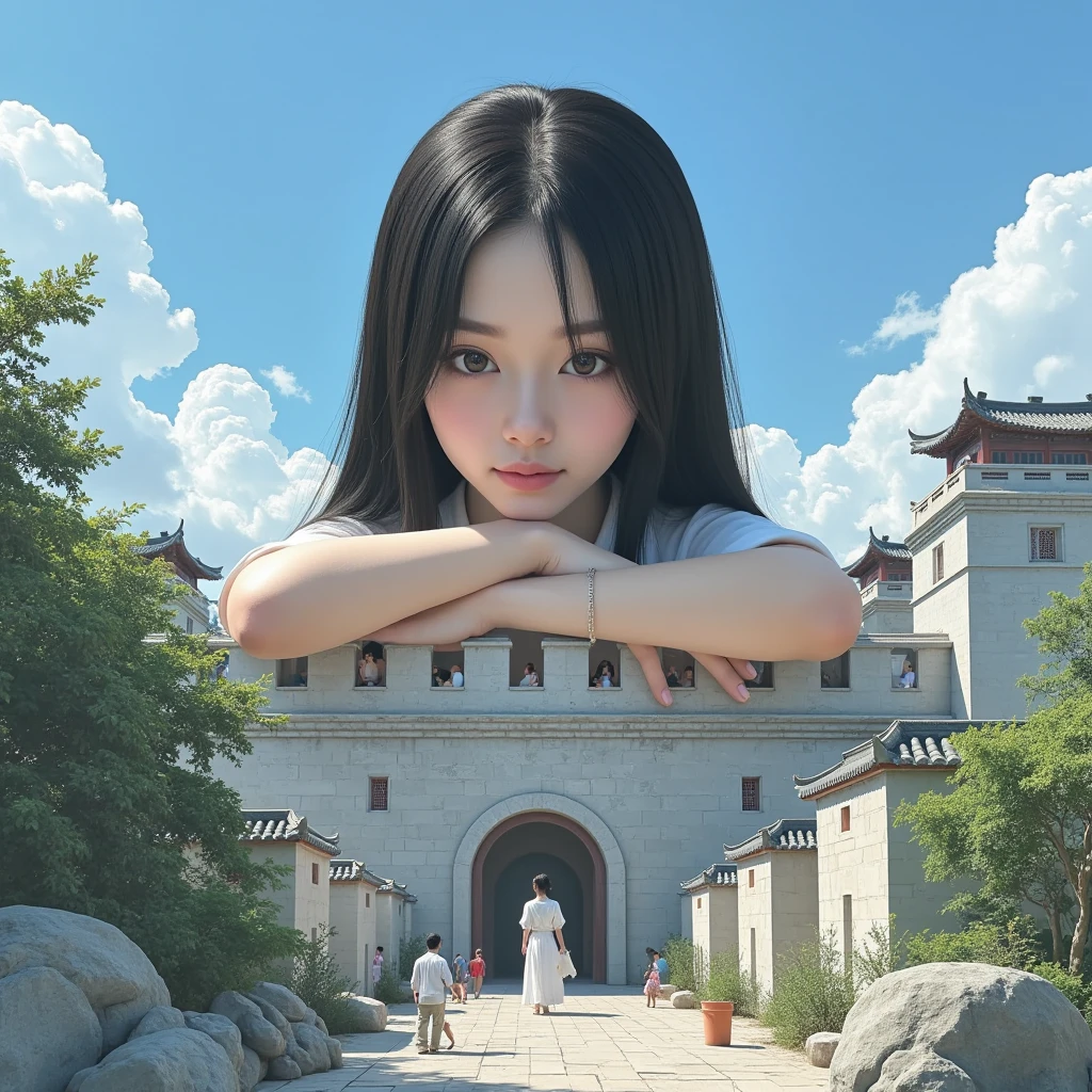 A black-hair colossal Chinese female giantess beauty standing beside a city wall, leaning forward with her arms resting on the top of the wall, looking down at the tiny inhabitants inside the city. The perspective is from the viewpoint of the small people inside the city, looking up at the giantess who is outside the wall. The giantess appears calm and curious, her large face and upper body towering over the wall, while the city and its small inhabitants are dwarfed by her immense size. The sky is blue with a few clouds, and details of the city and wall should be visible, emphasizing the scale difference between the giantess and the tiny people.