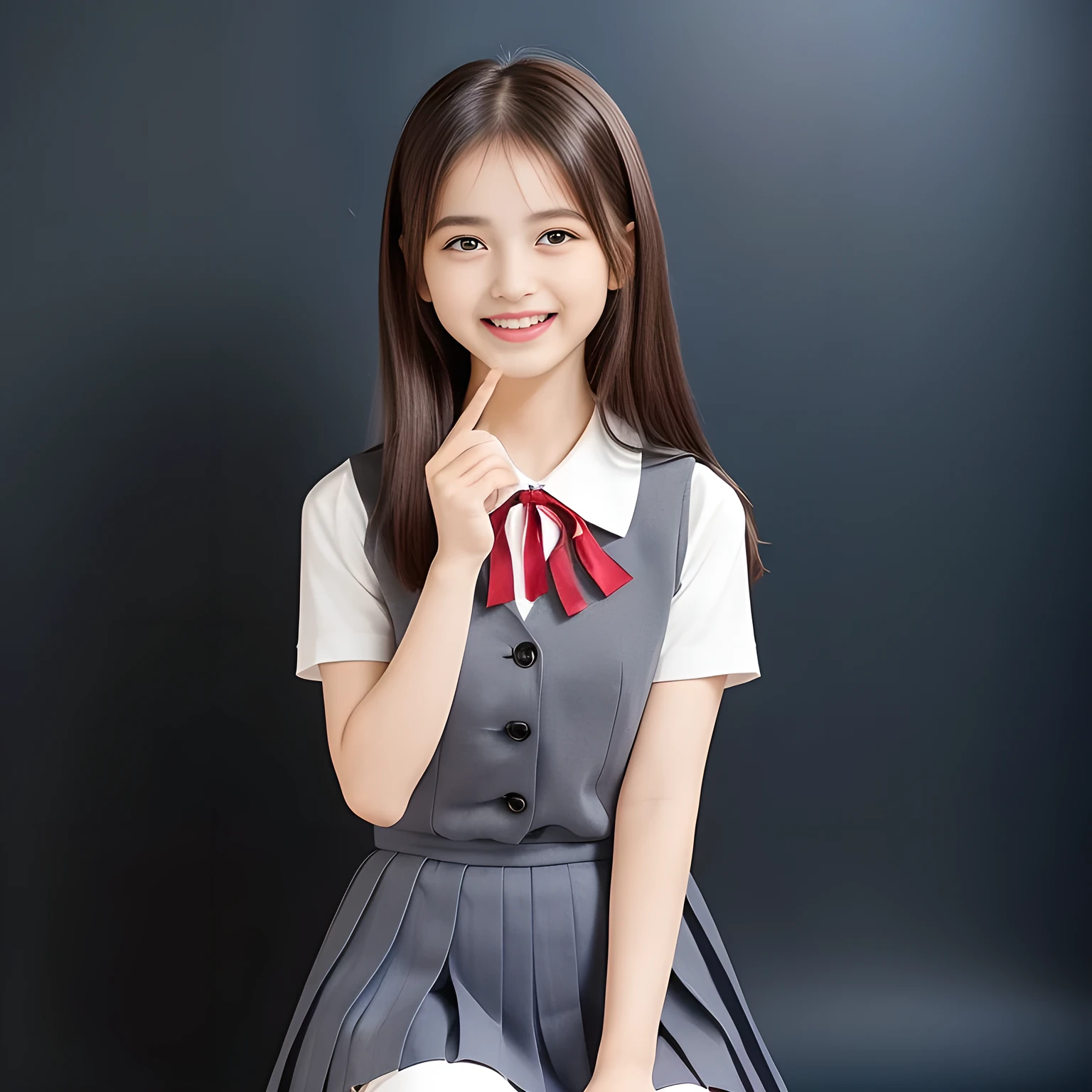 (Highest quality, masterpiece:1.2), Highest quality, High resolution, 1080P, 8k, height: 158cm, (A **yo Japanese beautiful fashion model is seated, showing her palms, looking at the viewer, showing her cutest smile, very white face, using face-whitening cosmetics, prominent cool eyes, opened laughing giggling most open mouth, gray-gray-blue school summer uniform with gray-gray-blue vest and widely-boxed-pleats-short-skirt and silk blouse and red breast ribbon pulled by her hands, well-straitened super-super-long well-trimmed long hair: 1.5), (white thighs and knees: 1.7), (Well-balanced, prominent, lovely, drooping, double-eyelids, brown shiny large prominent eyes with detailed: 1.5), (gray-gray-blue school uniform with gray-gray-blue vest and boxed-pleats-skirt, short-sleeves silk blouse, glossy red breast ribbon: 1.5), ((Beautiful well-figured glossy opened lips like fortissimo soprano singer: 1.2)), (mature breast), (Girl whom everyone loves because of her beauty and beautiful eyes and lovely fashion and noble manner), (Very beautiful, glossy, cute neat black hair, straight well-done hair-style: 1.3), (Drives me crazy for her glossy neat hair and Make me fall into love), (plain blue background: 1.6), (Best style like a **yo fashion model, mature breast), (((Completely balanced beautiful big big eyes, looking at me))), (eyes, face and hair are especially beautifully detailed and beautifully drawn: 1.5), (Satisfactory best shot by professional famous photographer for school girl's beauty: 1.5), (The soft white light clearly shows her face extremely white: 1.2), (Very soft laughing cheeks, very soft hands pulling the breast ribbon down, People who touch it feel eternal pleasure: 1.2), (pure-pure, 13yo too much beautiful idol: 1.8)