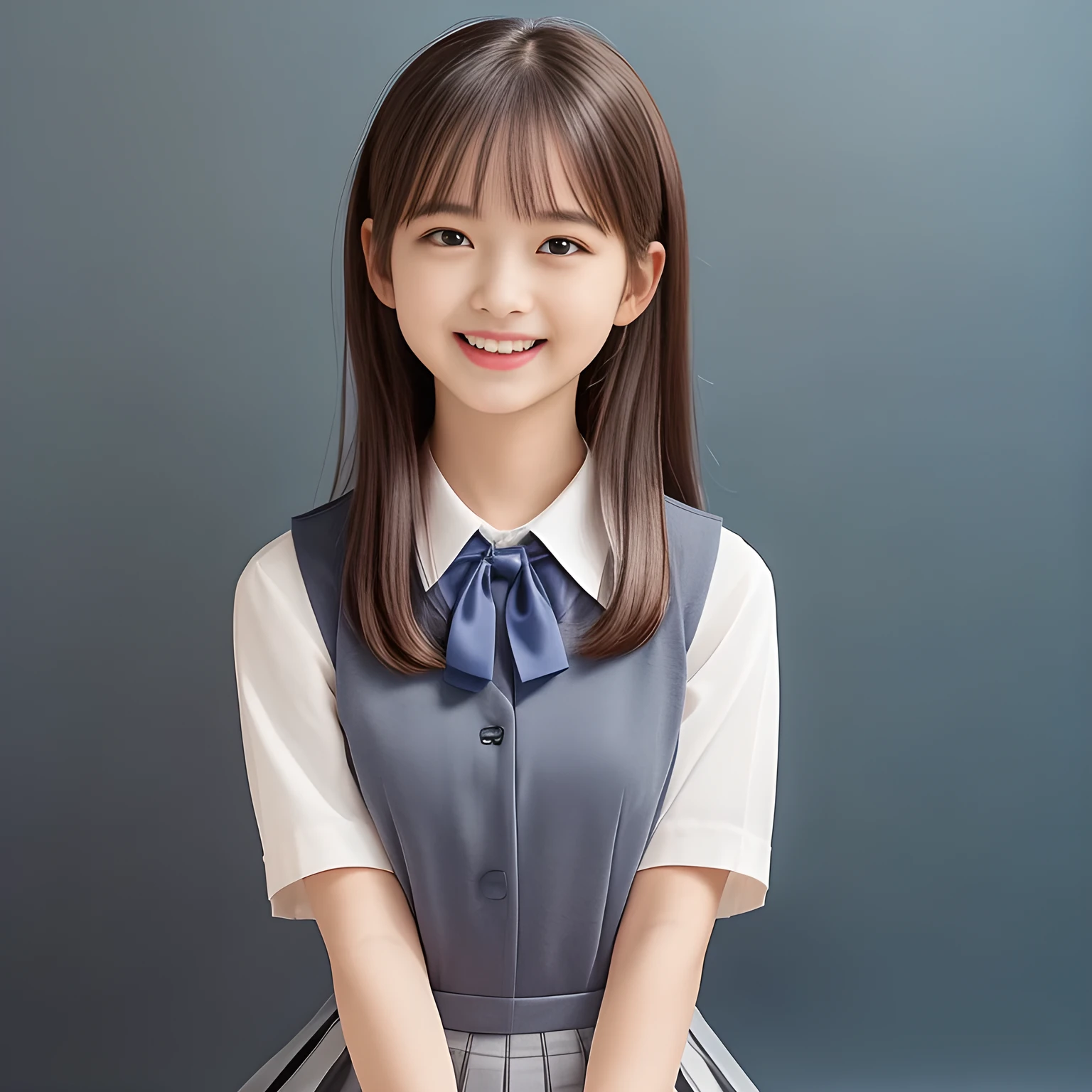 (Highest quality, masterpiece:1.2), Highest quality, High resolution, 1080P, 8k, height: 158cm, (A **yo Japanese beautiful fashion model is seated, showing her palms, looking at the viewer, showing her cutest smile, very white face, using face-whitening cosmetics, prominent cool eyes, opened laughing giggling most open mouth, gray-gray-blue school summer uniform with gray-gray-blue vest and widely-boxed-pleats-short-skirt and silk blouse and red breast ribbon pulled by her hands, well-straitened super-super-long well-trimmed long hair: 1.5), (white thighs and knees: 1.7), (Well-balanced, prominent, lovely, drooping, double-eyelids, brown shiny large prominent eyes with detailed: 1.5), (gray-gray-blue school uniform with gray-gray-blue vest and boxed-pleats-skirt, short-sleeves silk blouse, glossy red breast ribbon: 1.5), ((Beautiful well-figured glossy opened lips like fortissimo soprano singer: 1.2)), (mature breast), (Girl whom everyone loves because of her beauty and beautiful eyes and lovely fashion and noble manner), (Very beautiful, glossy, cute neat black hair, straight well-done hair-style: 1.3), (Drives me crazy for her glossy neat hair and Make me fall into love), (plain blue background: 1.6), (Best style like a **yo fashion model, mature breast), (((Completely balanced beautiful big big eyes, looking at me))), (eyes, face and hair are especially beautifully detailed and beautifully drawn: 1.5), (Satisfactory best shot by professional famous photographer for school girl's beauty: 1.5), (The soft white light clearly shows her face extremely white: 1.2), (Very soft laughing cheeks, very soft hands pulling the breast ribbon down, People who touch it feel eternal pleasure: 1.2), (pure-pure, 13yo too much beautiful idol: 1.8)