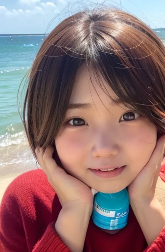 (8K、RAW Photos、Highest quality、masterpiece:1.2)、((Smiling with teeth showing、Thin your eyebrows、Thin your eyebrows、Make your pupils smaller:1.5))、((lower nose、Nasolabial folds:1.2))、((Flat Chest、Swimwear、bikini、Short Hair、bangs))、(Realistic、Realistic)、1 Girl、cute