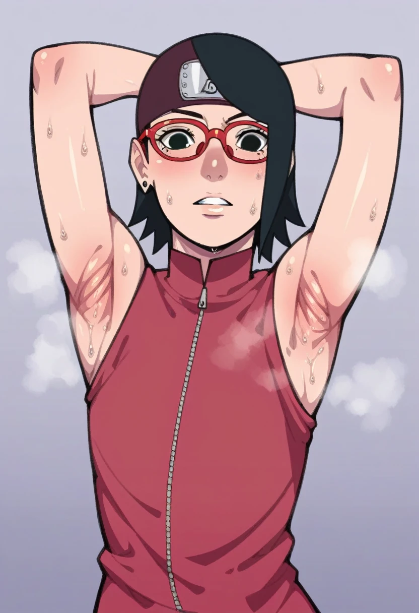 , Naruto art style, Sarada Uchiha, short hair,  Black Hair , ( dark eyes:1.3),Glasses,  (Sweep Bang:1.1),Armpit，Armpit smell,Armpit sweat，脇の皺,bedroom,(steamimg,steam:1.1)， Red clothes