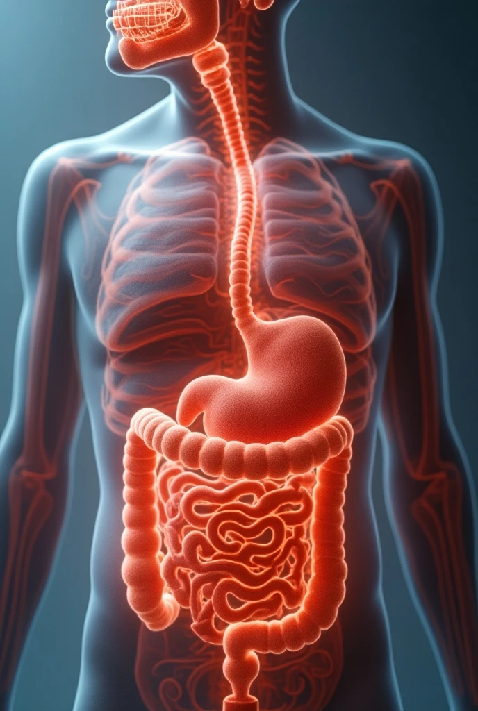 Image of a woman from the front, visible nervous system, visible brain, visible intestine, light orange and blue colors