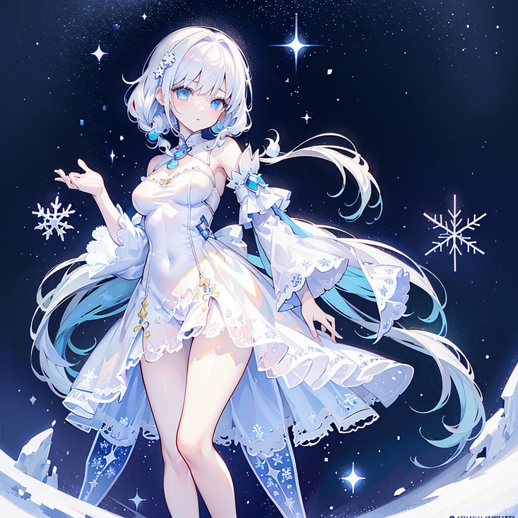 1girl,Handsome face、Little  riding a snowman ride、cute、Snowflakes are growing from the waist、((( perfect anatomy、 official art、unity, very detailed CG,HHD,32K,Slender figure、The best composition、Best Quality、 masterpiece、 best detail 、Super detailed、 high definition)))、( highly detailed eyes that can be seen underfoot、Beautiful Sparkling Eyes )、Snow Fairy、 snowflake fractal art、Milky white hair color、The background is a simple snowflake 、Meteor Shower、Mysterious、 absurd、 fantasy world 、