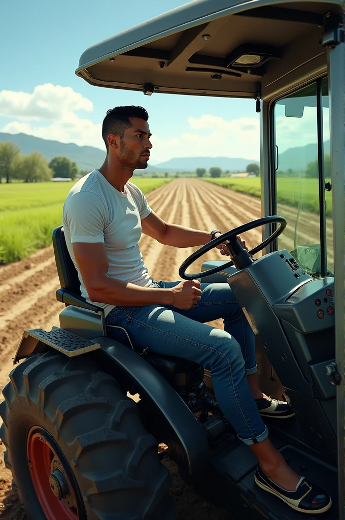 Create a high quality image of cristiano ronaldo driving a tractor