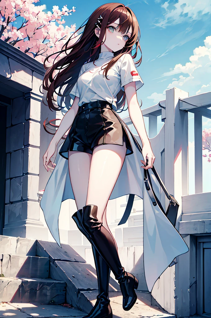 whole body,Cool beautiful girl, Slim Body 、 SOFT WHITE COAT,Sky Blue T-Shirt、 black hotpants,Leather boots、Cool Summer,Slightly pale skin,Bright brown eyes,Red brown hair color(Semi-D), hairpin