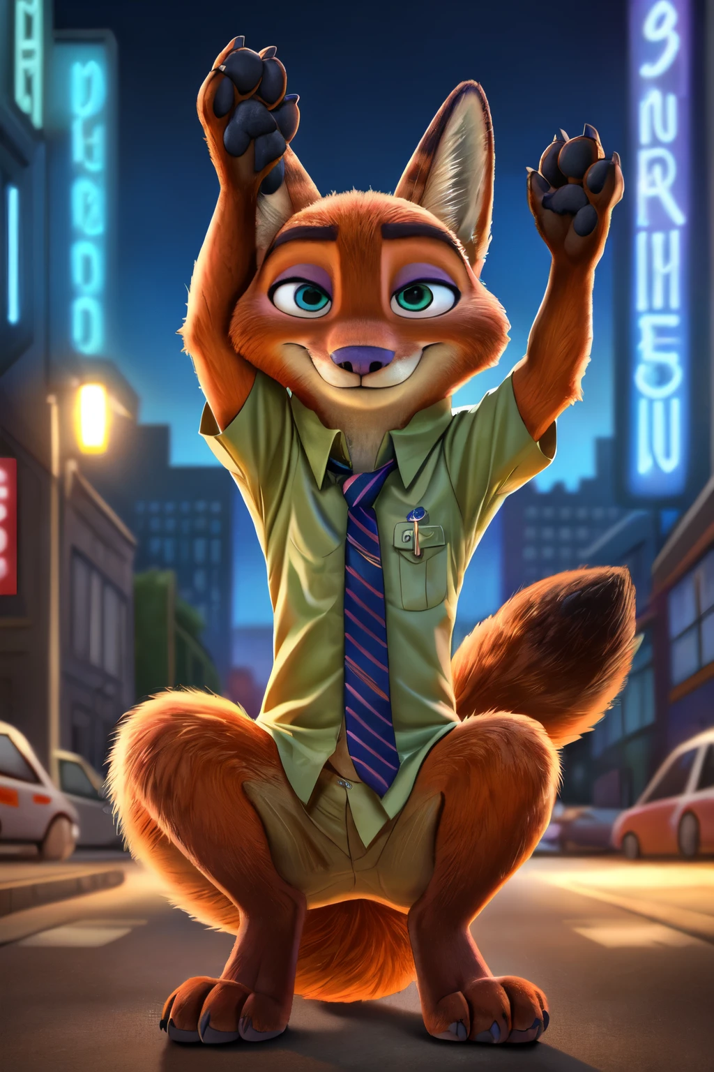 handsome,solo_1 Nick Wild,Zootopia wearing a pale green buttoned shirt, ,eyes with a mischievous glint, dark blue eyes, average build, good eyes, warm lighting, 8k semi realistic, small grin, barefoot ((small claws on toes)) ((four toes)) (fox tail) ((legs up against shoulders)) ((Nick Wild)) (paws) (four toes)) (five toes)) ((black pawpads)) ((black claws)) ((City background from Zootopia)) (four toes)) ((paws to the front))