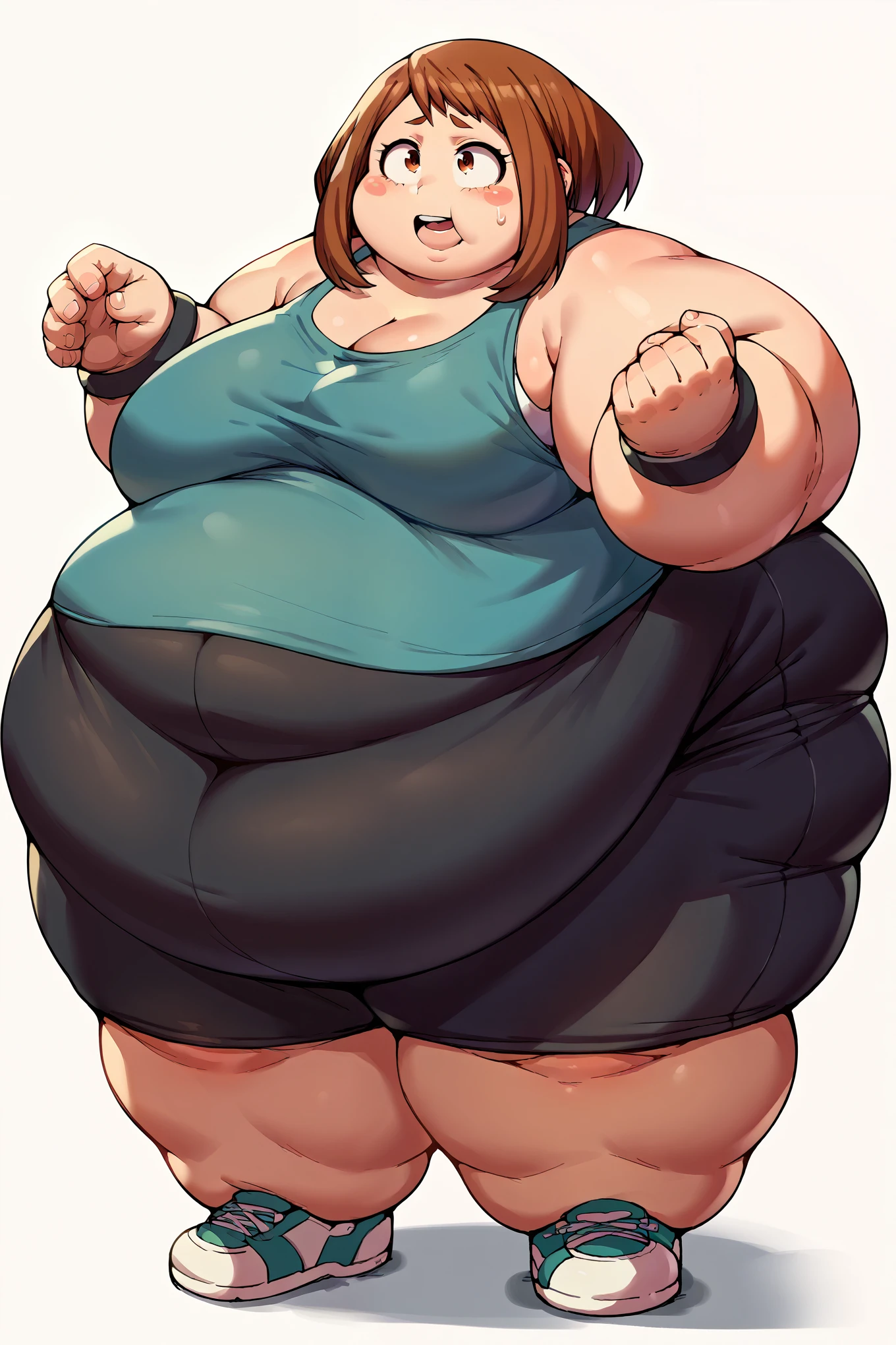 Girl becoming a blob monster, becoming a blob, fat, chubby, obese, tank top, black bike shorts, ochakouraraka, ochako uraraka