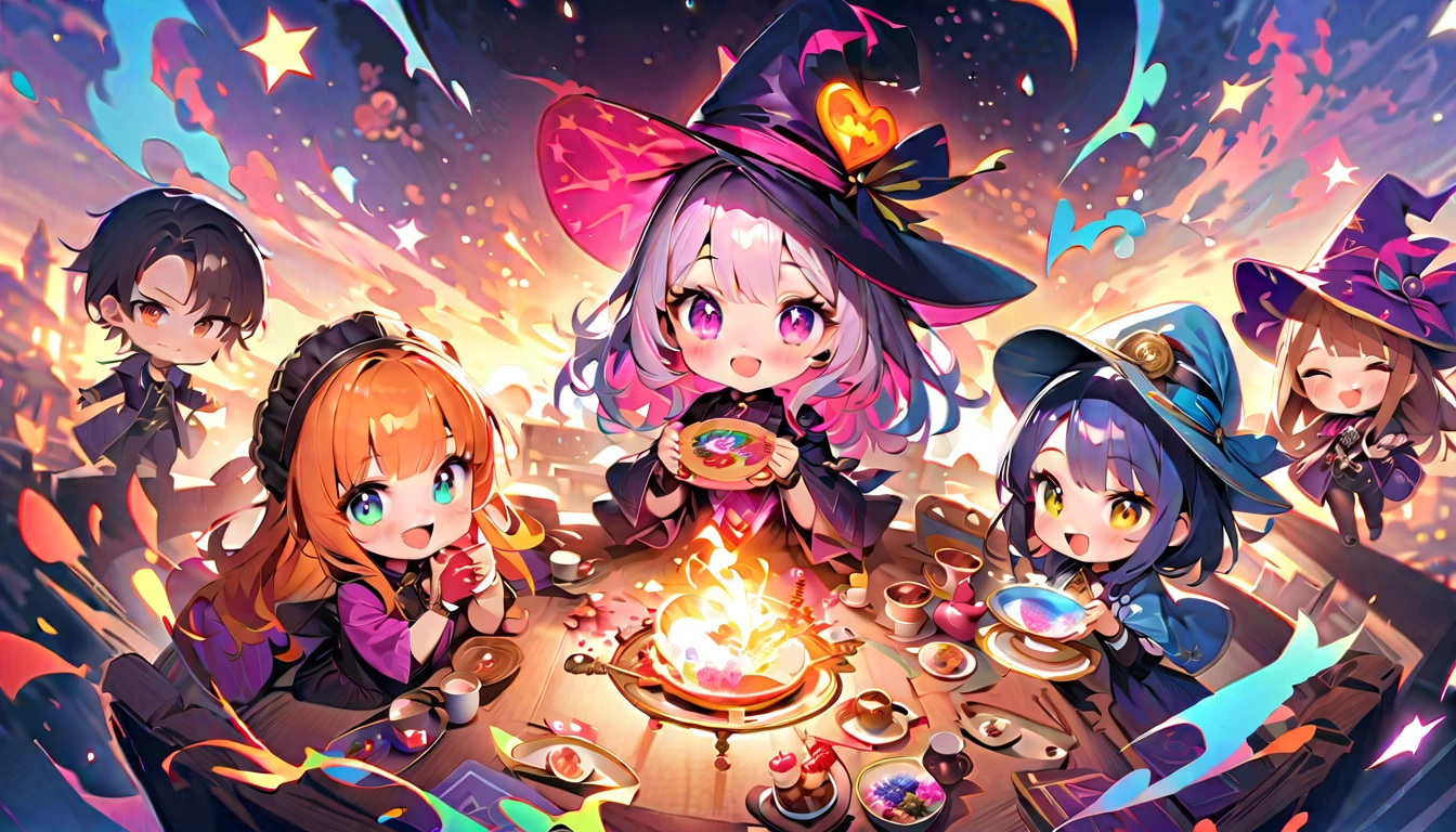 masterpiece, Best Quality, magic使いのお茶会, magic tea party, magic, Chibi, The charming witches, High definition realistic eyes,  happy , Vibrant, colorful,