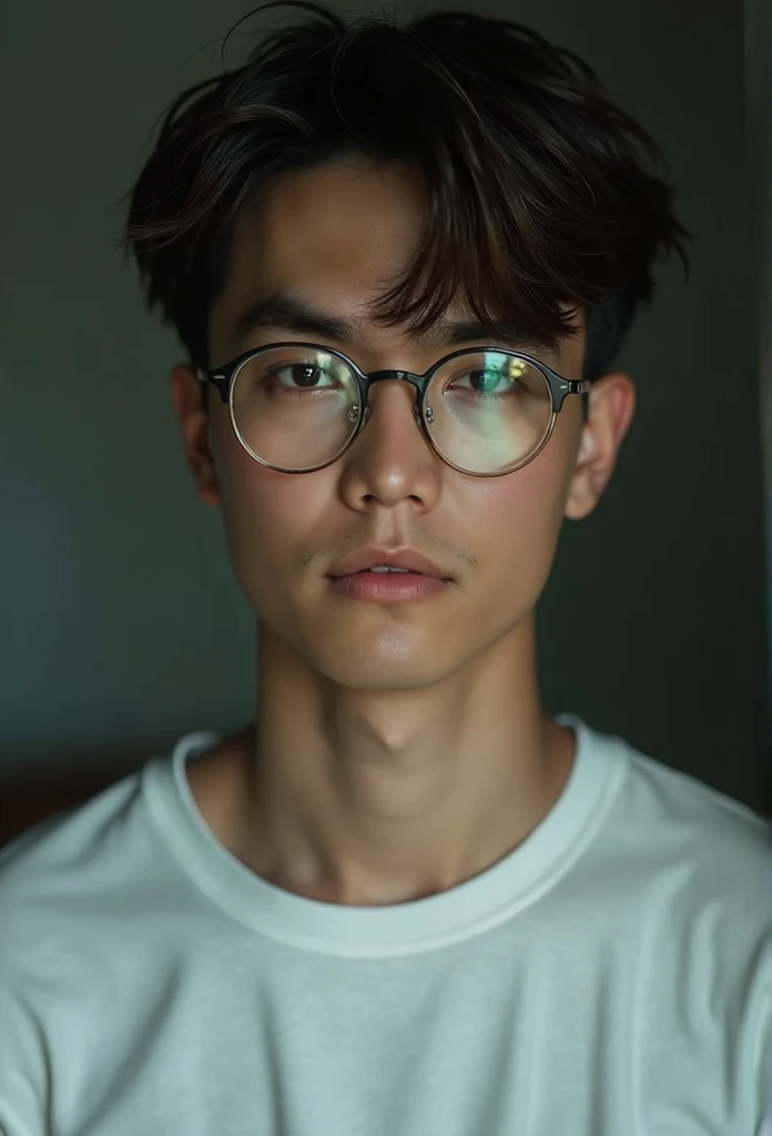 nsfw, best quality, masterpiece, extremely detailed, masculine, sexy, homoerotic, 25 year old bruneian malay man, wearing glasses, round face with chubby cheeks, athletic muscular build, cheeky smile, fitted clothes, rose quartz crystal pendant, crystal bead bracelet, bends forward and elbows on a table, in library, side view, afterhours, lights off, at midnight, cinematic shadows, dreamy atmosphere, perfect face, perfect hands, perfection
