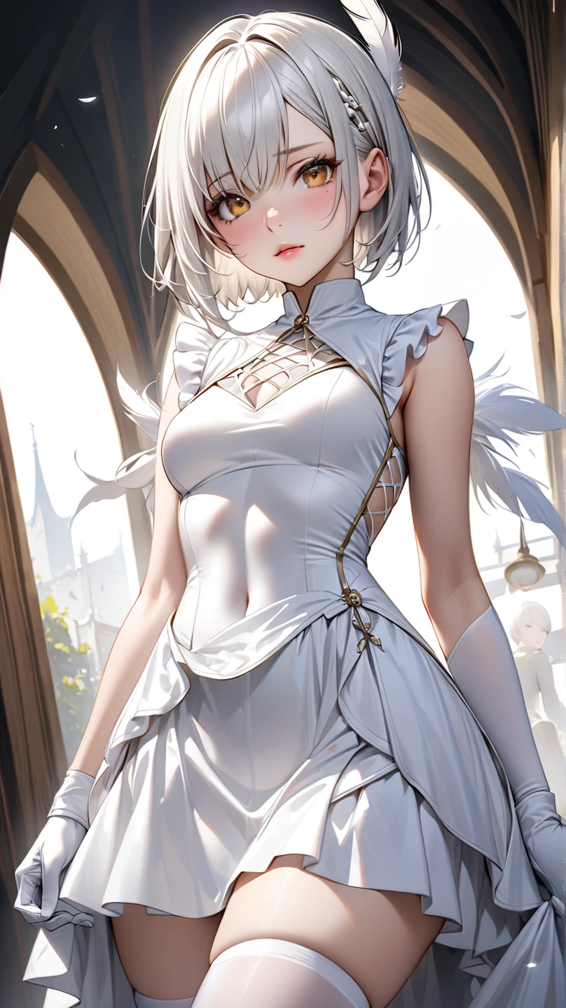 masterpiece, best quality, 1girl, <lora:tobiichi_origami_angel-000002:0.8>, tobiichi origami angel, blue eyes, solo, standing, crown, white hair, short hair, bangs, hair between eyes, white veil, looking at viewer, smile, bare shoulders, cleavage, small breasts, detached sleeves, elbow gloves, white bow, white bowtie, (white dress:1.2), white gloves, cowboy shot, white thighhighs, center opening,
