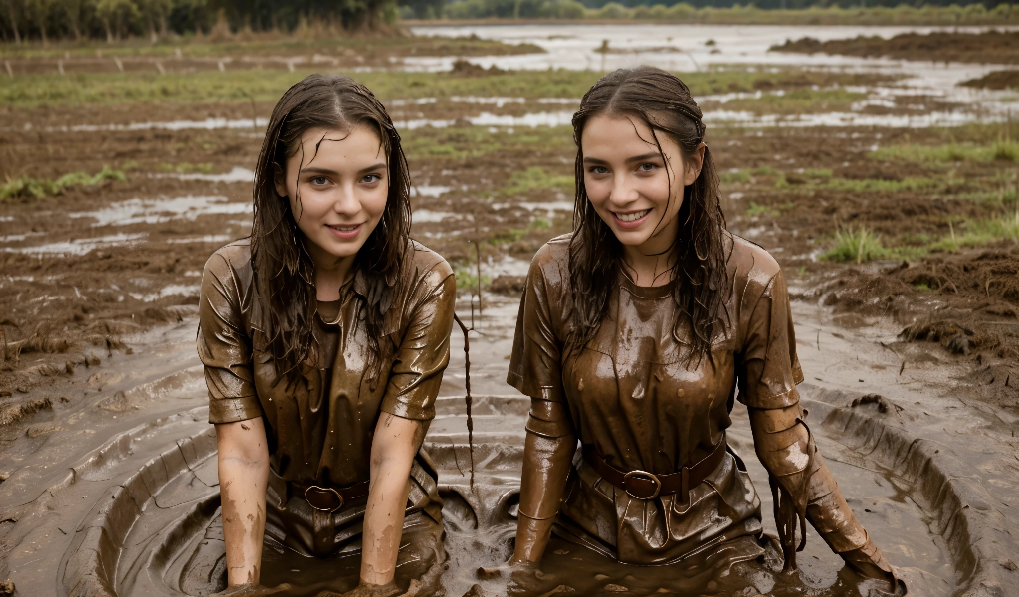two beautiful 17 year old amazons, slowly wade together into a mud lake, hazel hair, freckles, green eyes, curious, playful, long white and brown tunics are dirty, mud everywhere