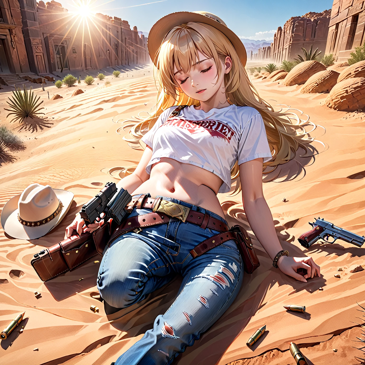 (best quality, 4k, 8k, highres, masterpiece:1.2), 1girl, , on the ground, blond hair, bangs, closed eyes, bullet wound, pain, white shirt, exposed midriff, jeans, belt, gun belt, holster, masterpiece background, desert or vintage western movie setting, ray tracing, sunshine beam, cowboy hat on the ground
	