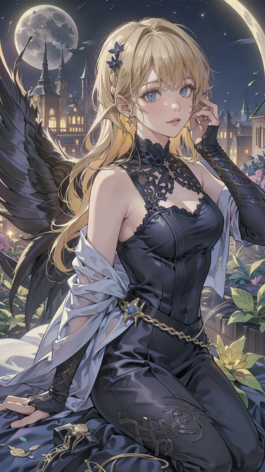   Attention to Details, Best Quality, 8k, [Super detailed], masterpiece, Best Quality, (  very detailed),   dynamic angle, Ultra Wide Angleショット, Realistic,   Dark Fantasy Art , Gothic art,   Dark RPG Art  , Realistic芸術, 女性の人間の聖職者のUltra Wide Angle写真, Grab your gun,   Moonlight Attention to Details  ,   Black Leather Suit    , Starry Sky  (  intense detail  , masterpiece,   maximum details : 1.5),    High Heel Boots  ,   Sacred Symbols for Casting Spells,  White Magic Marks   (  intense detail  , masterpiece,   maximum details : 1.5),   Stars and Moon Symbols  ,  Moonlight  Attention to Details , blonde (  intense detail  , masterpiece,   maximum details : 1.5), Long Hair, Braided Hair,   smaller, Strong Eyes, green eyes,  Moon and star background   , ((   Gothic Worship Vibes  )), moon light   Attention to Details, Best Quality,  High image quality, Ultra Wide Angle