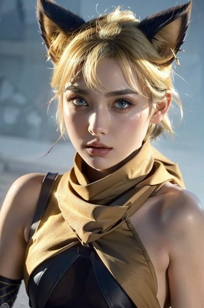 a beautiful girl with fury expression, yellow short hair with cat ears, wearing hot and sexy outfit with a scarf tied around his neck  , highly detailed, cinematic lighting, vibrant colors, photorealistic, masterpiece, 1girl, beautiful detailed eyes, beautiful detailed lips, extremely detailed face, long eyelashes, dramatic pose, intricate details, sharp focus, volumetric lighting, hyperrealistic, 8k, high quality